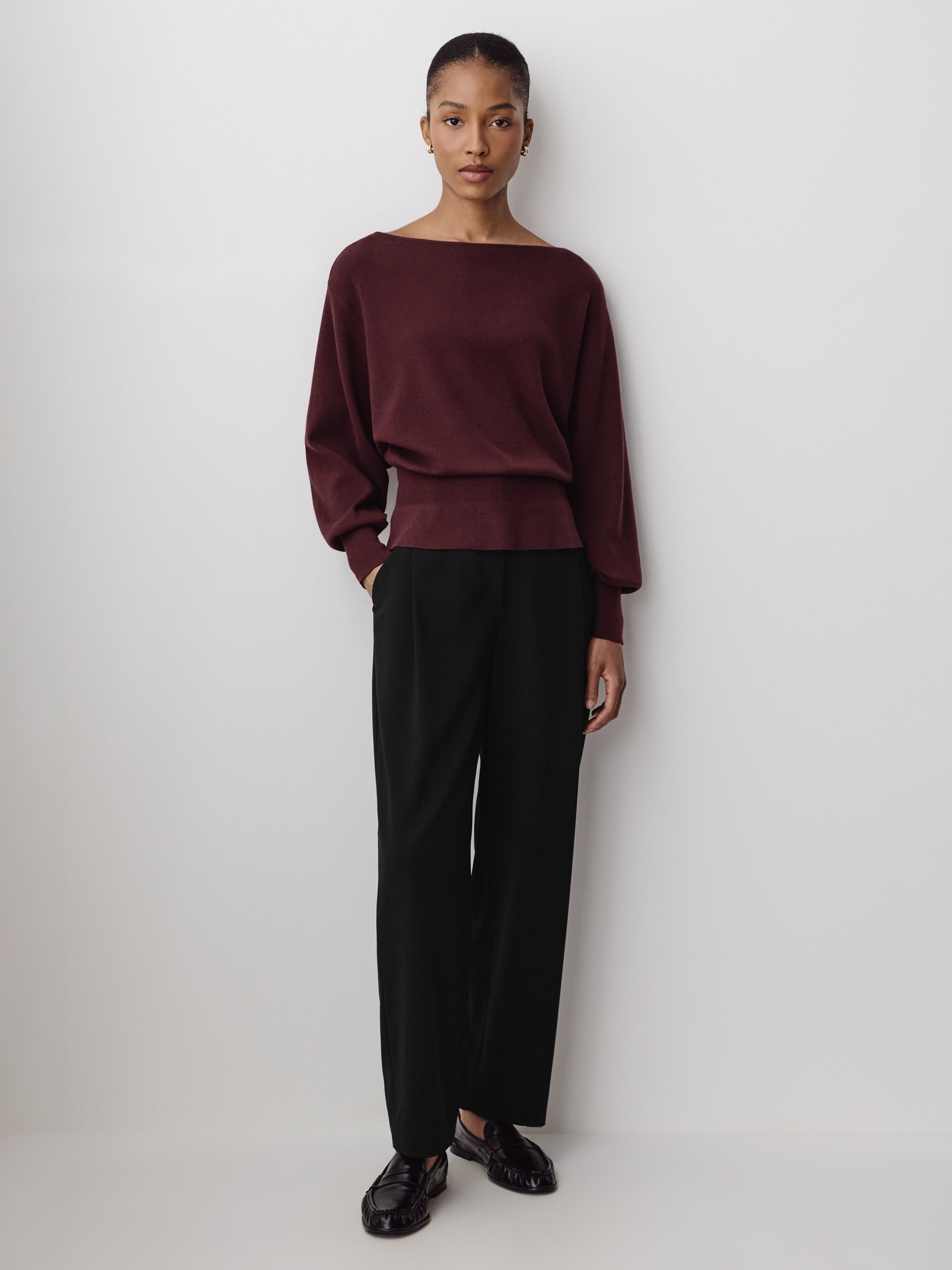 Ladies Knit Sweater Cinched Waist Boat Neck Cotton Blend
