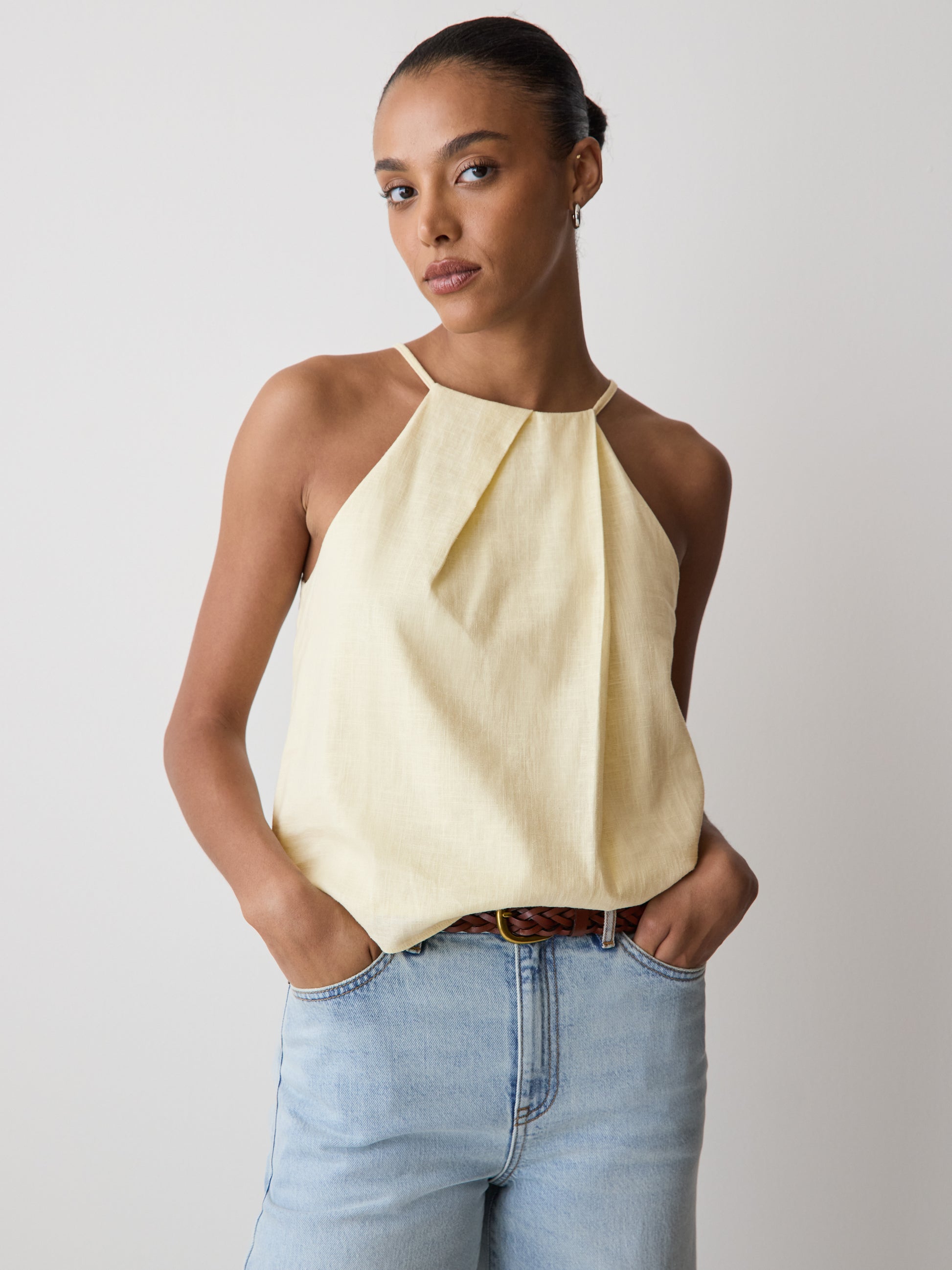 Woven Linen Blend Halter Top with Pleats
