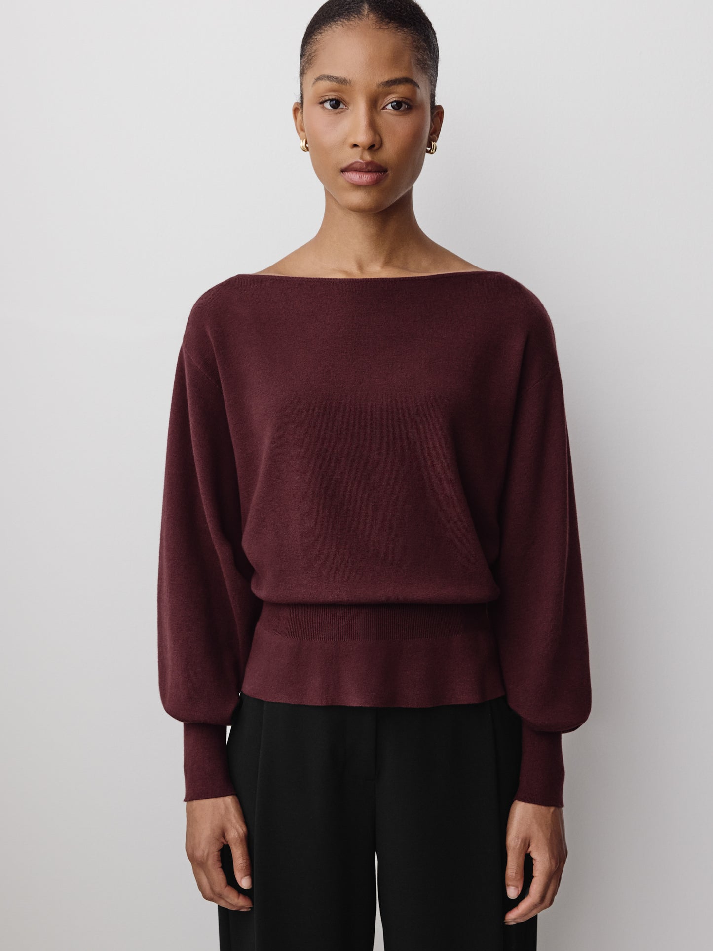 Ladies Knit Sweater Cinched Waist Boat Neck Cotton Blend