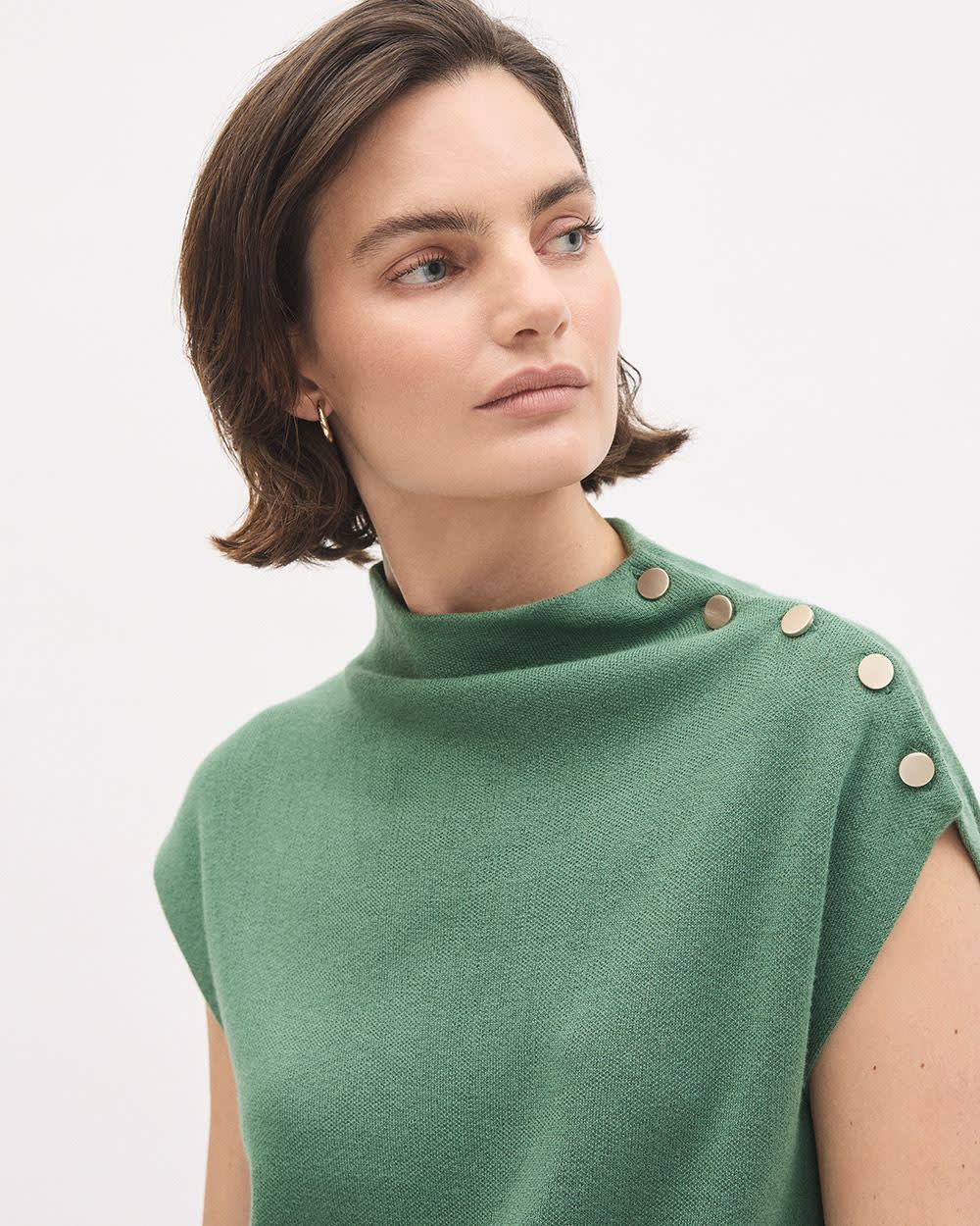 Sleeveless Mock-Neck Sweater with Buttons at Shoulder