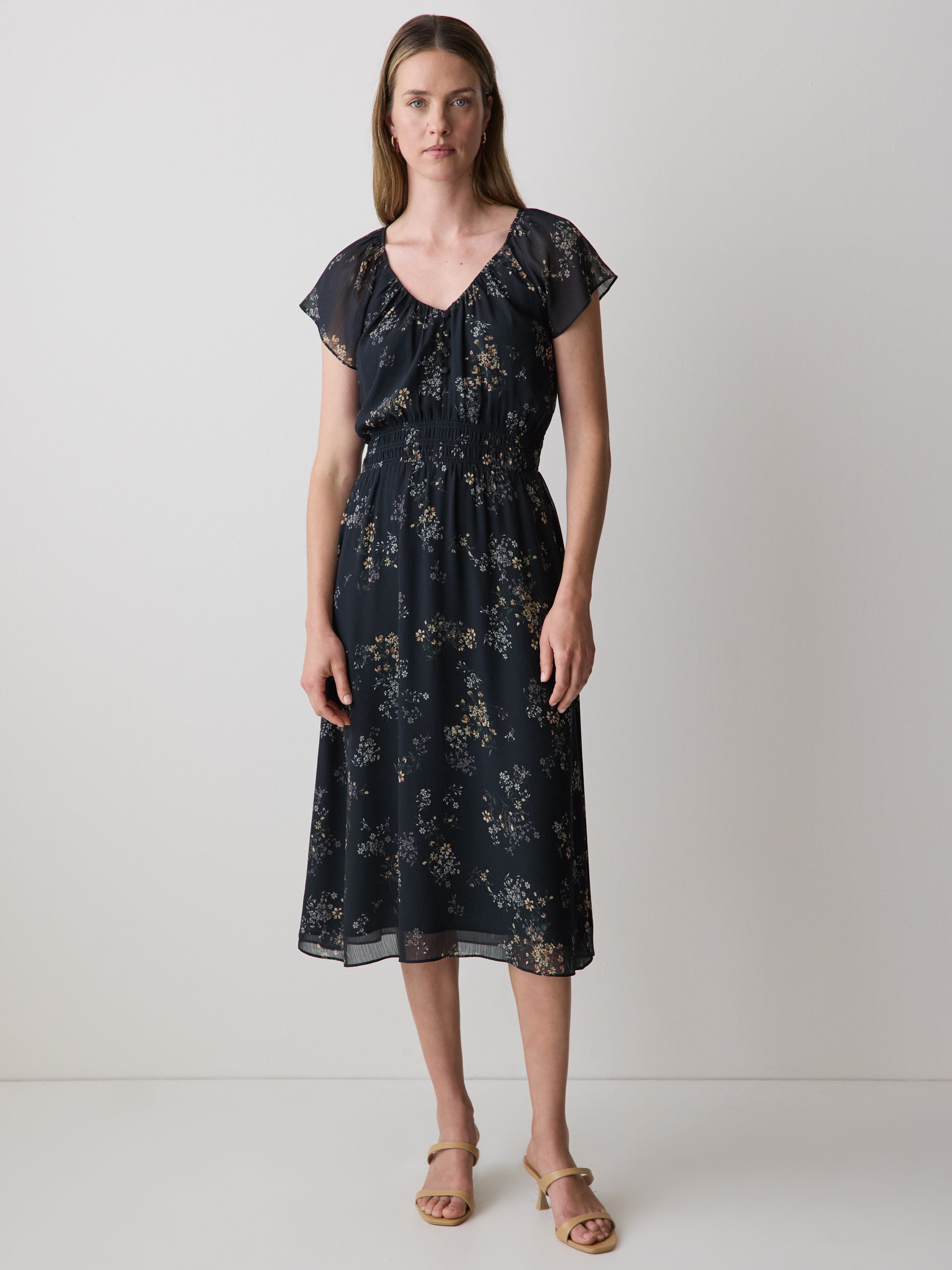 Fit-and-Flare Midi Dress with Short Flutter Sleeves