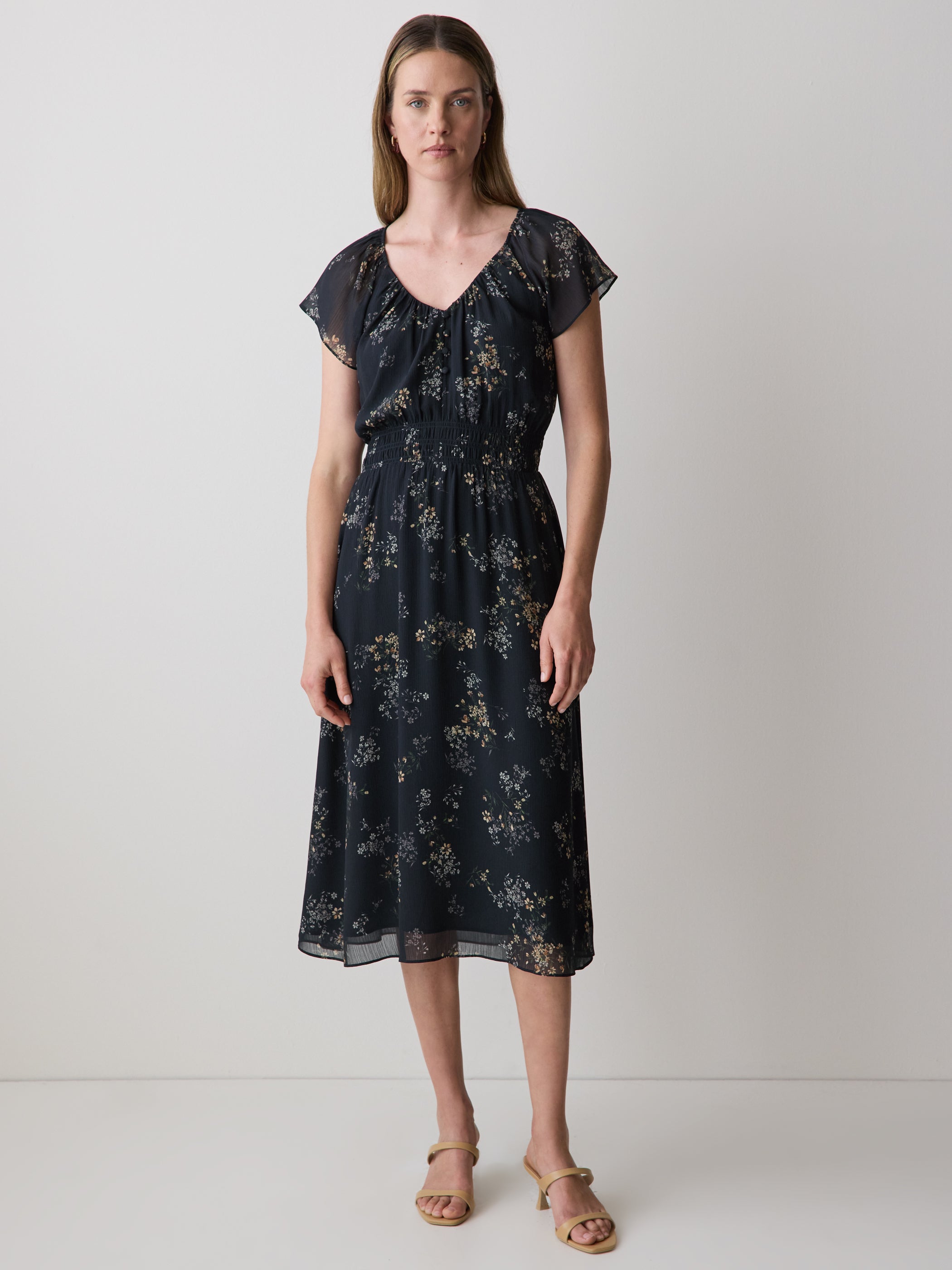 Fit-and-Flare Midi Dress with Short Flutter Sleeves