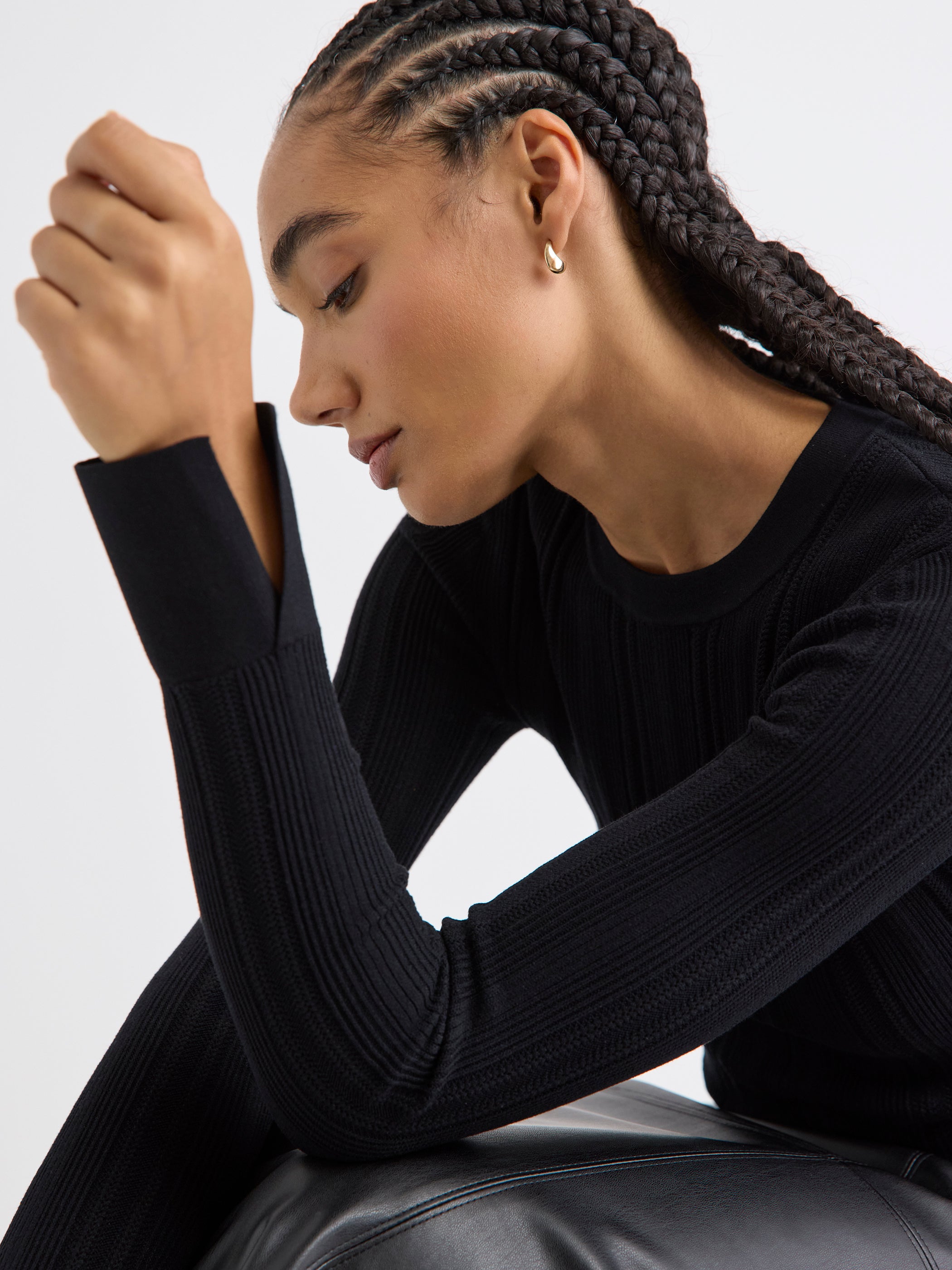 Long-Sleeve Crew-Neck Bodycon Top with Pointelle Stitches