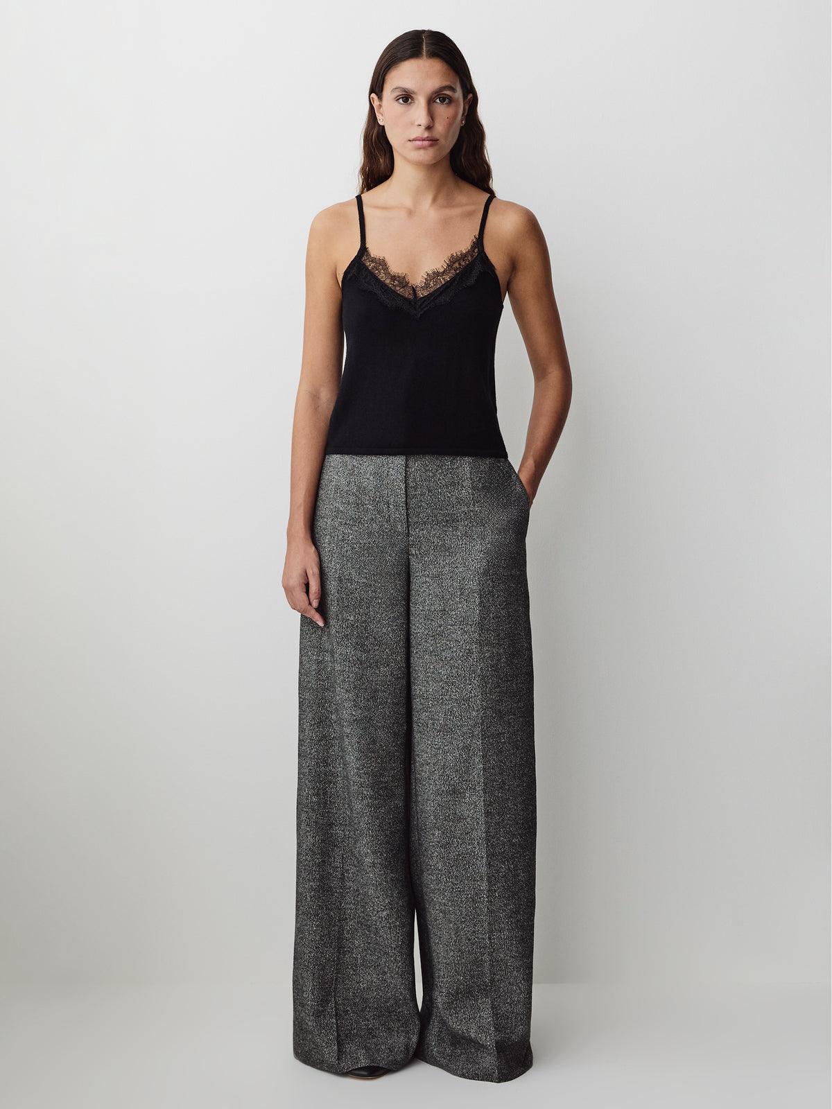 Merino-Wool V-Neck Cami with Lace Trim