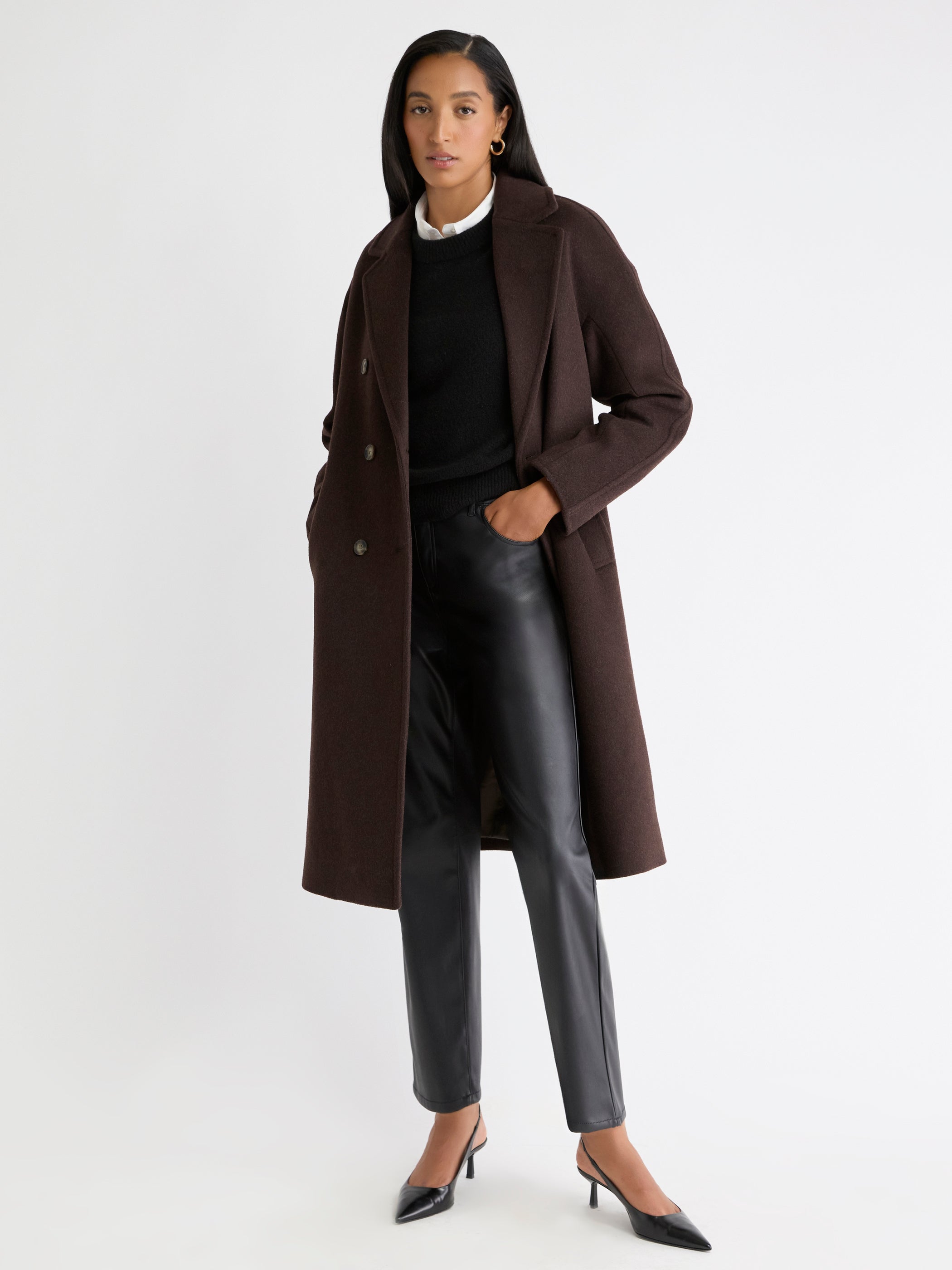 Manteau Long à Boutonnage Double en Mélange de Laine