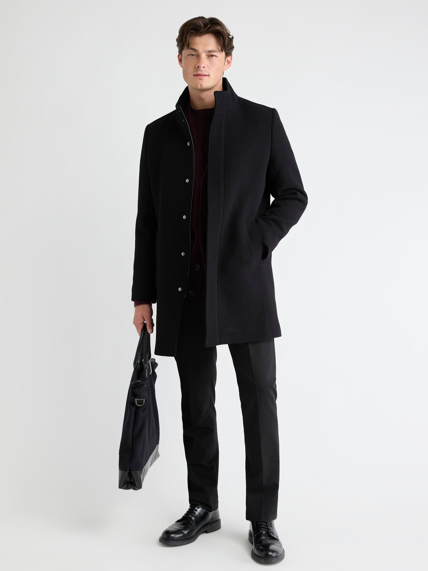 Classic Solid Mock-Neck Wool Coat with Dickey