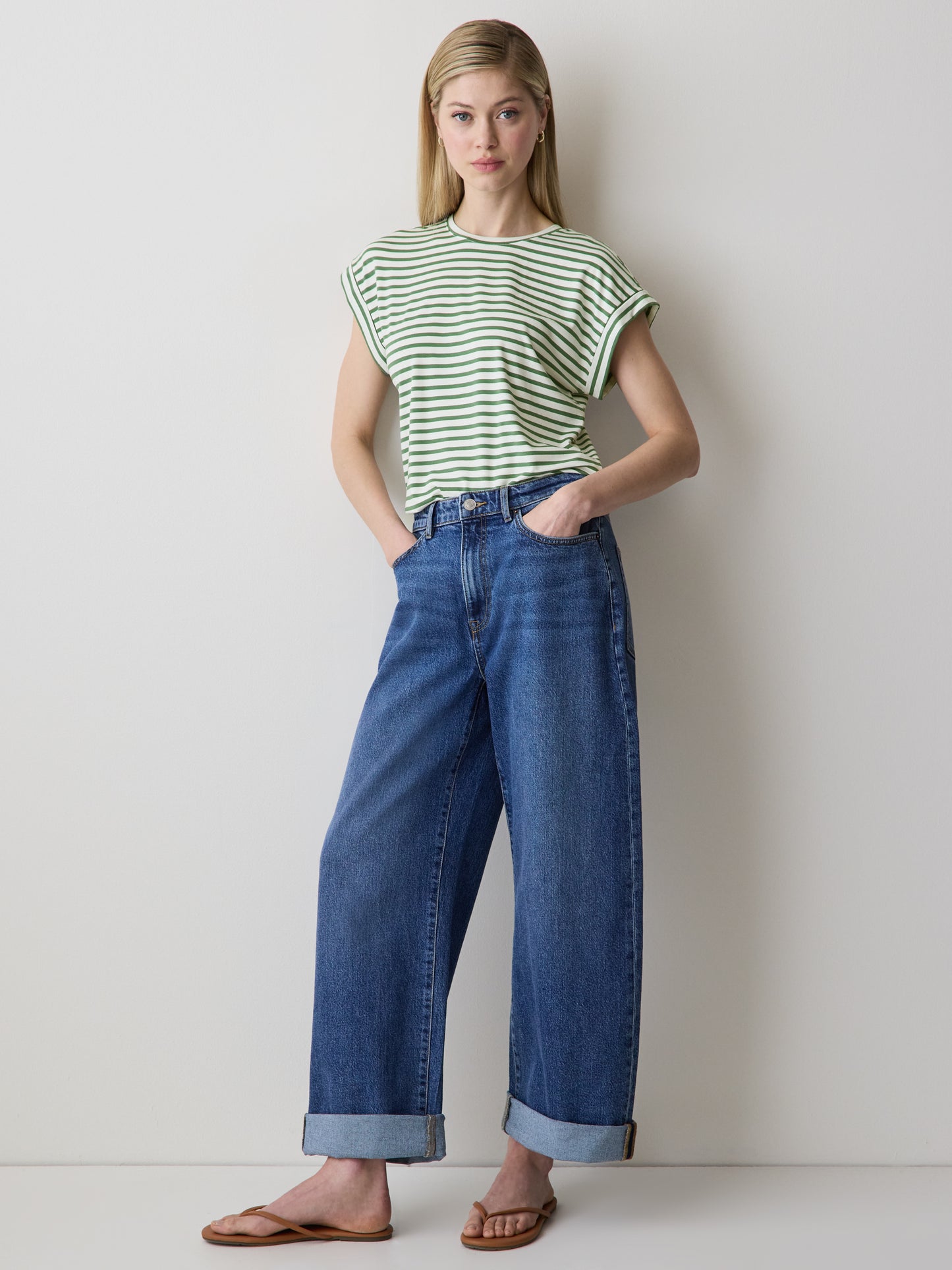 Striped Extended-Sleeve Crew-Neck Tee