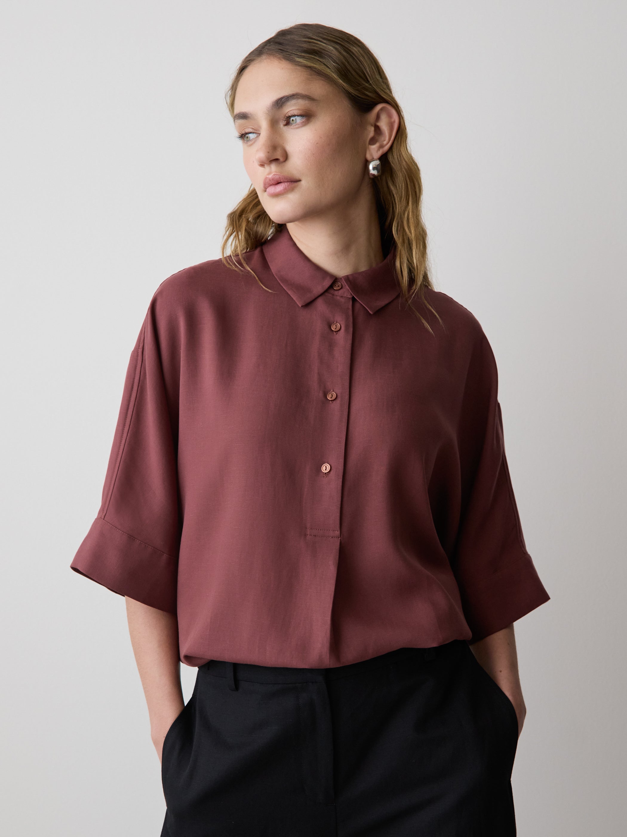 Short-Sleeve Blouse with Shirt Collar