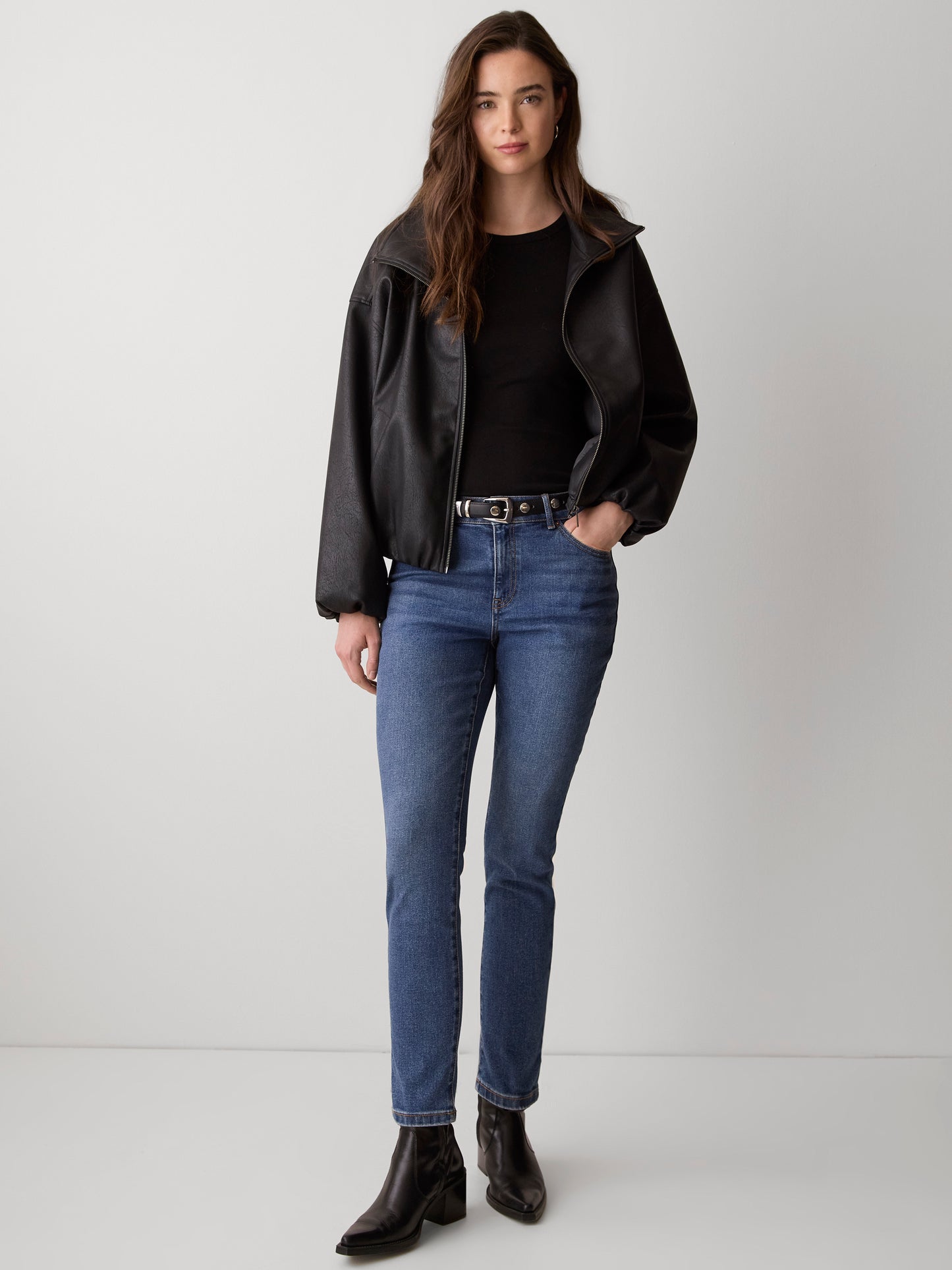Jeans Skinny Bleu à Taille Mi-Haute
