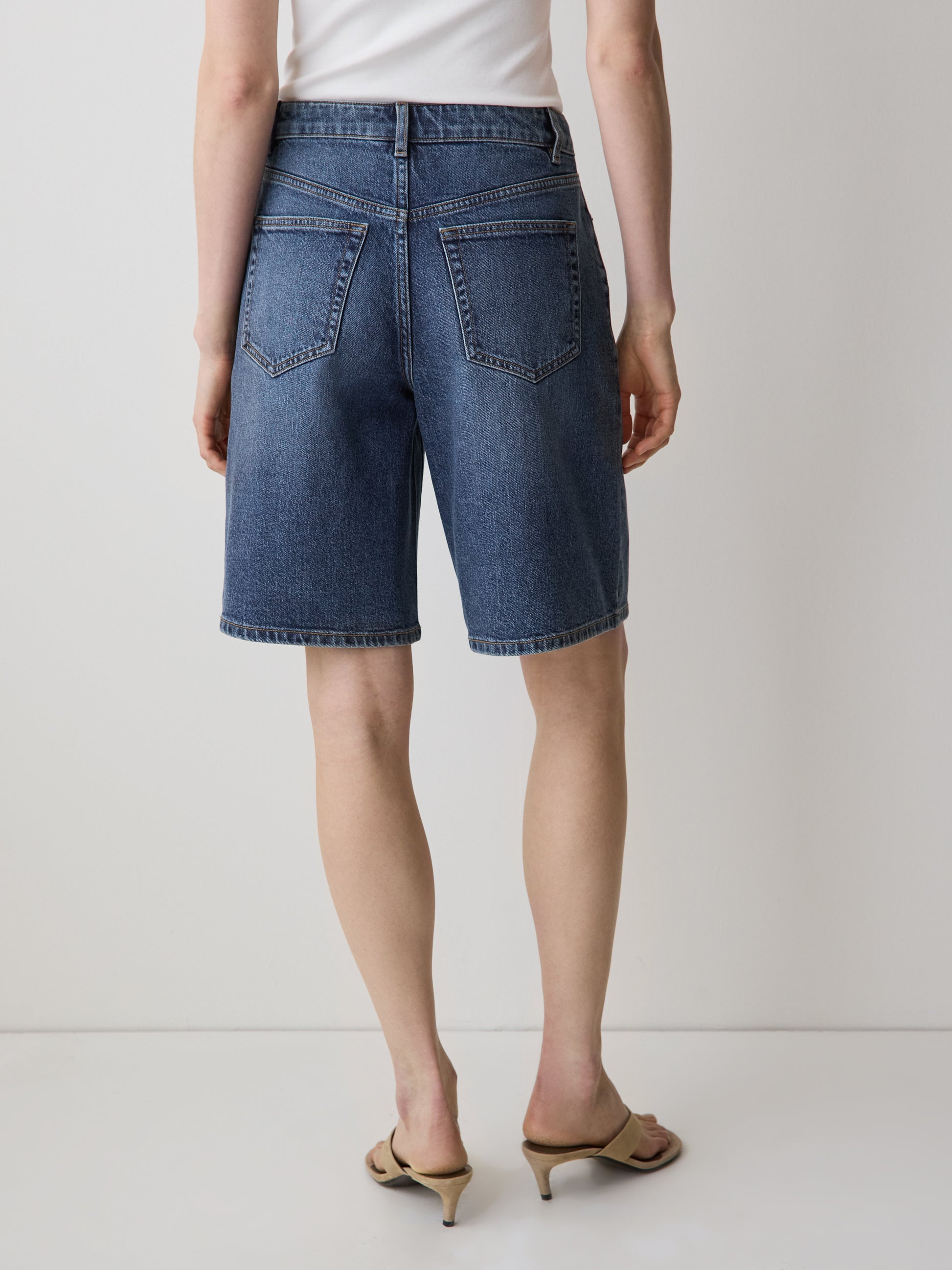 Bermuda Denim Shorts High Rise Cotton Blend