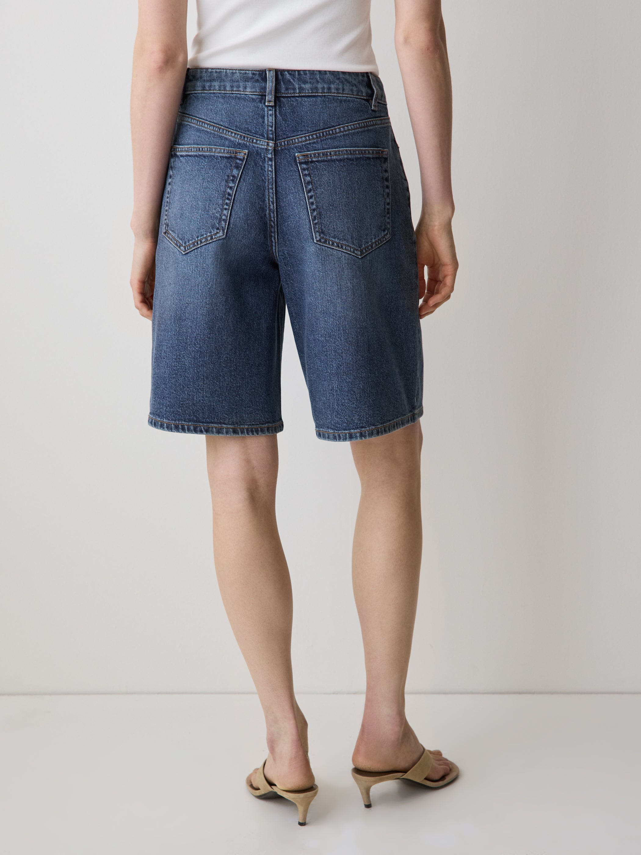 Bermuda Denim Shorts High Rise Cotton Blend
