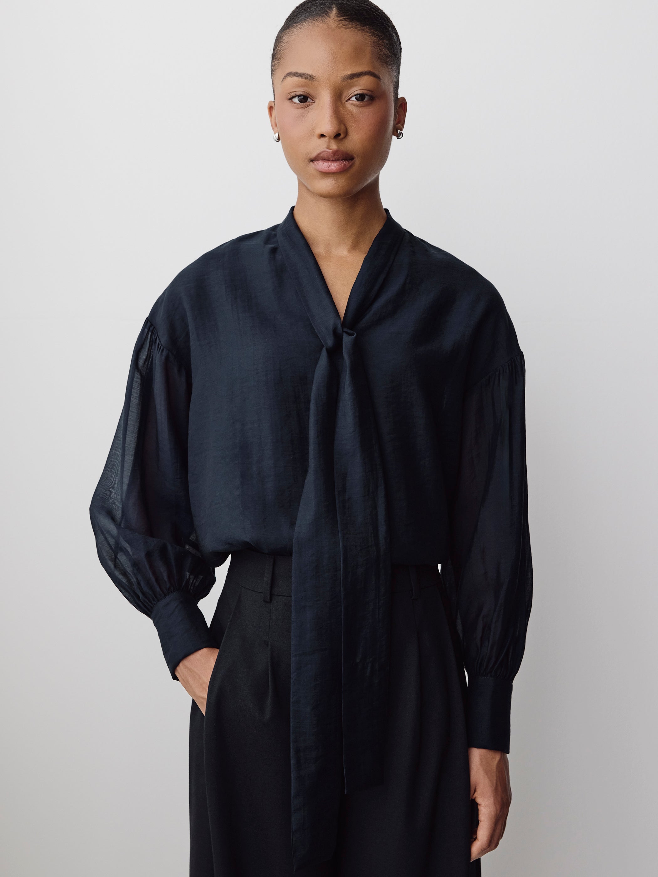 Women's Long-Sleeve V-Neck Blouse with Ribbon Neckline – RW&CO