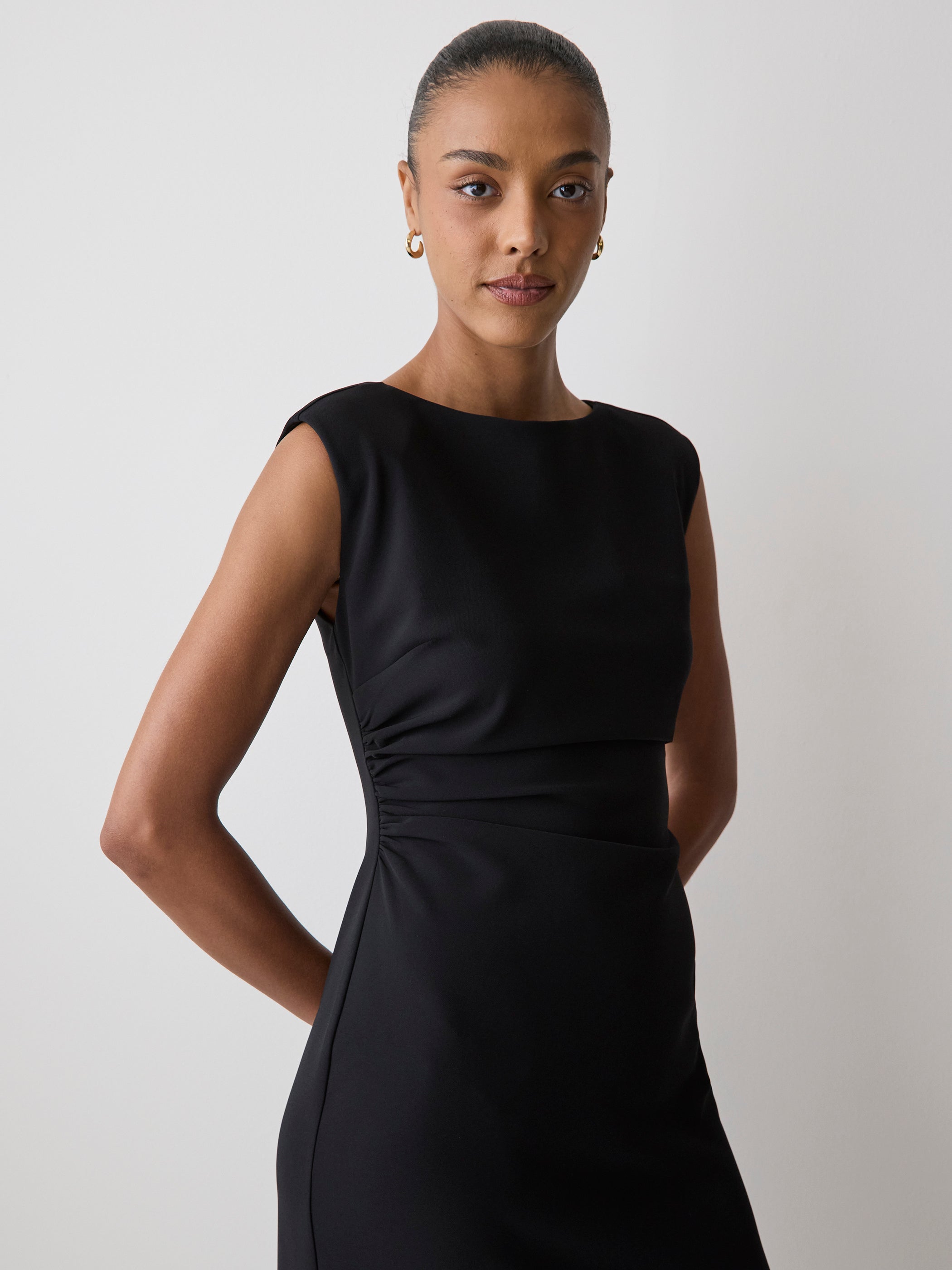 Sleeveless Woven Dress with Cow Neck, Polyester Blend