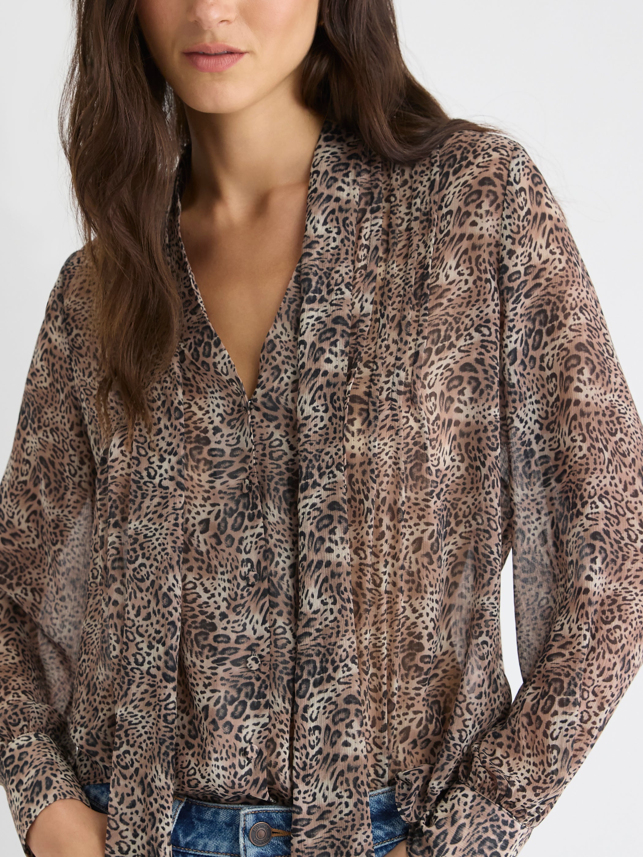 Long-Sleeve V-Neck Blouse with Ribbon at Neckline