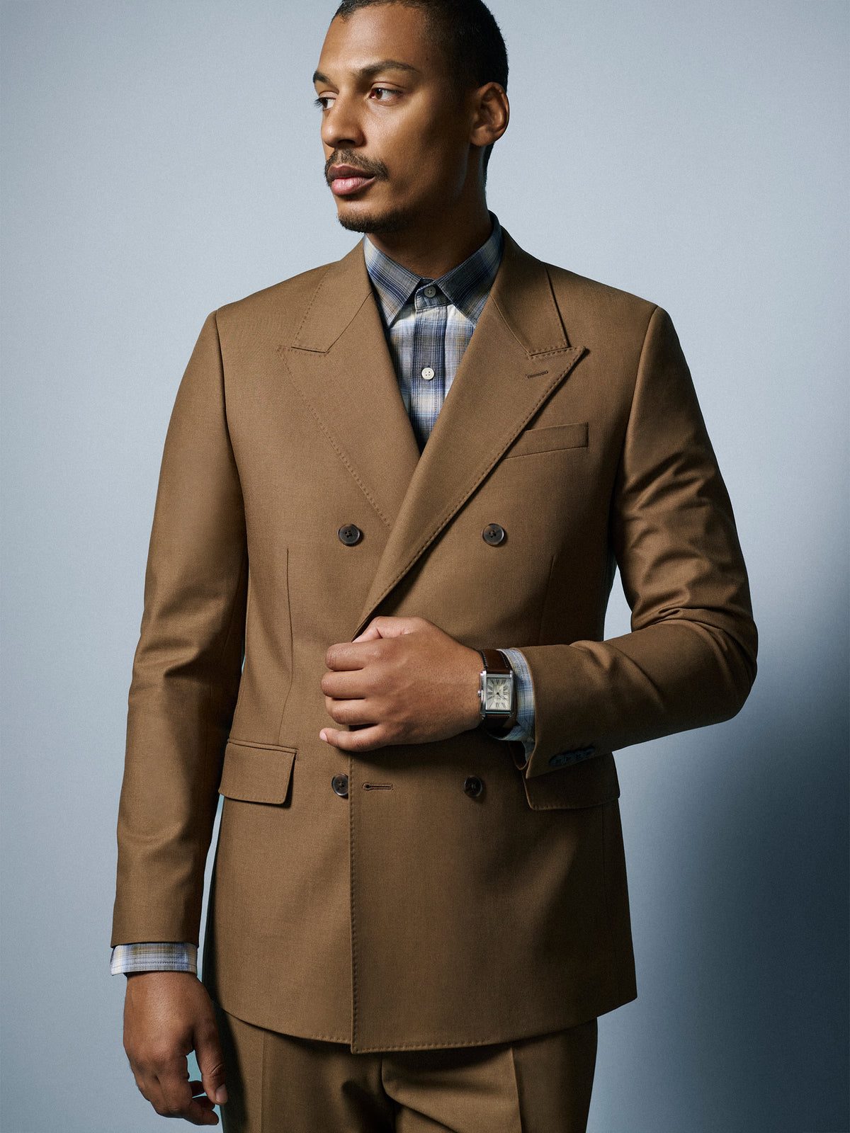 Tailored-Fit Double-Breasted Tobacco Suit Blazer
