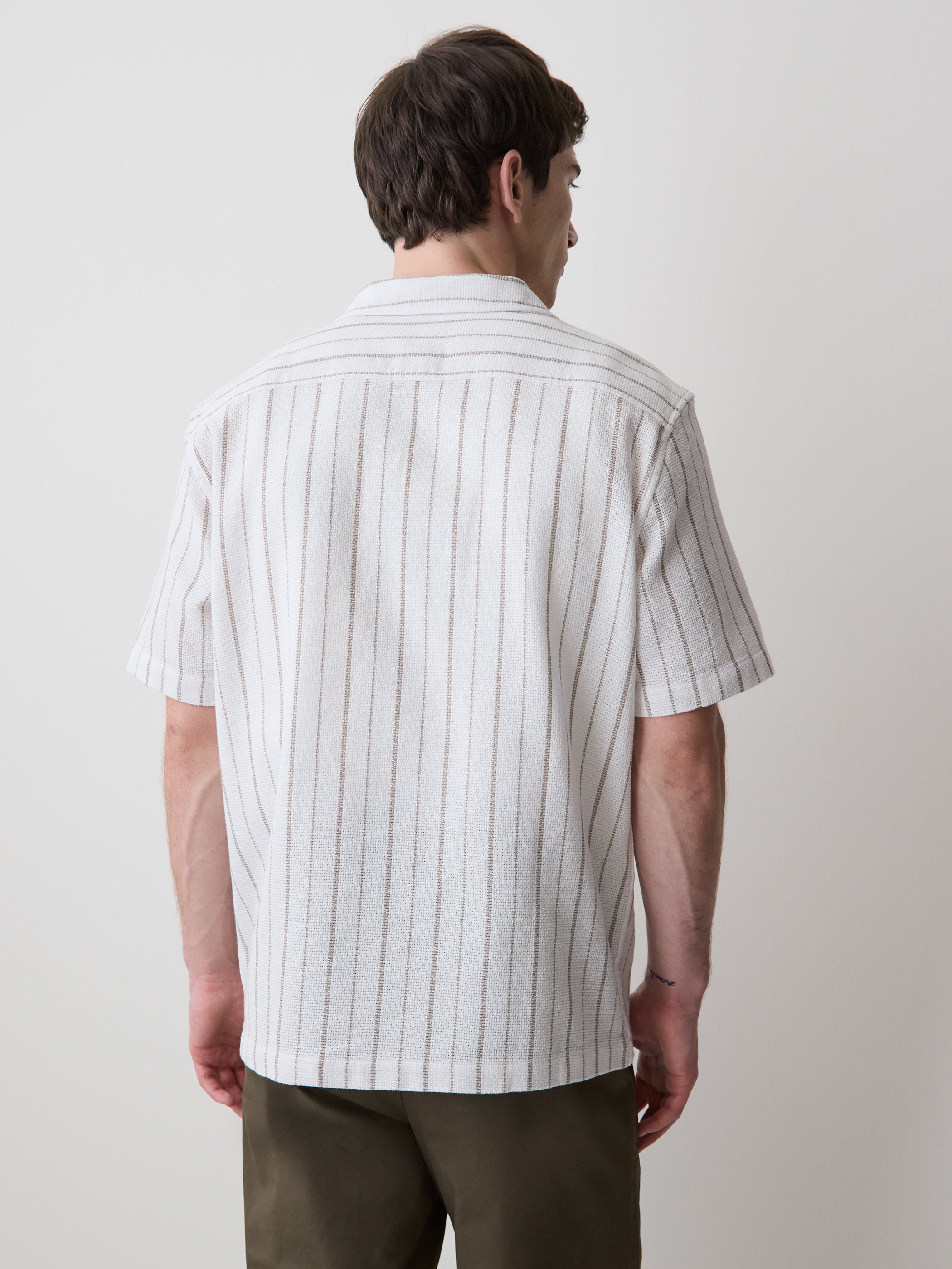 Striped Short-Sleeve Textured Shirt with Camp Collar