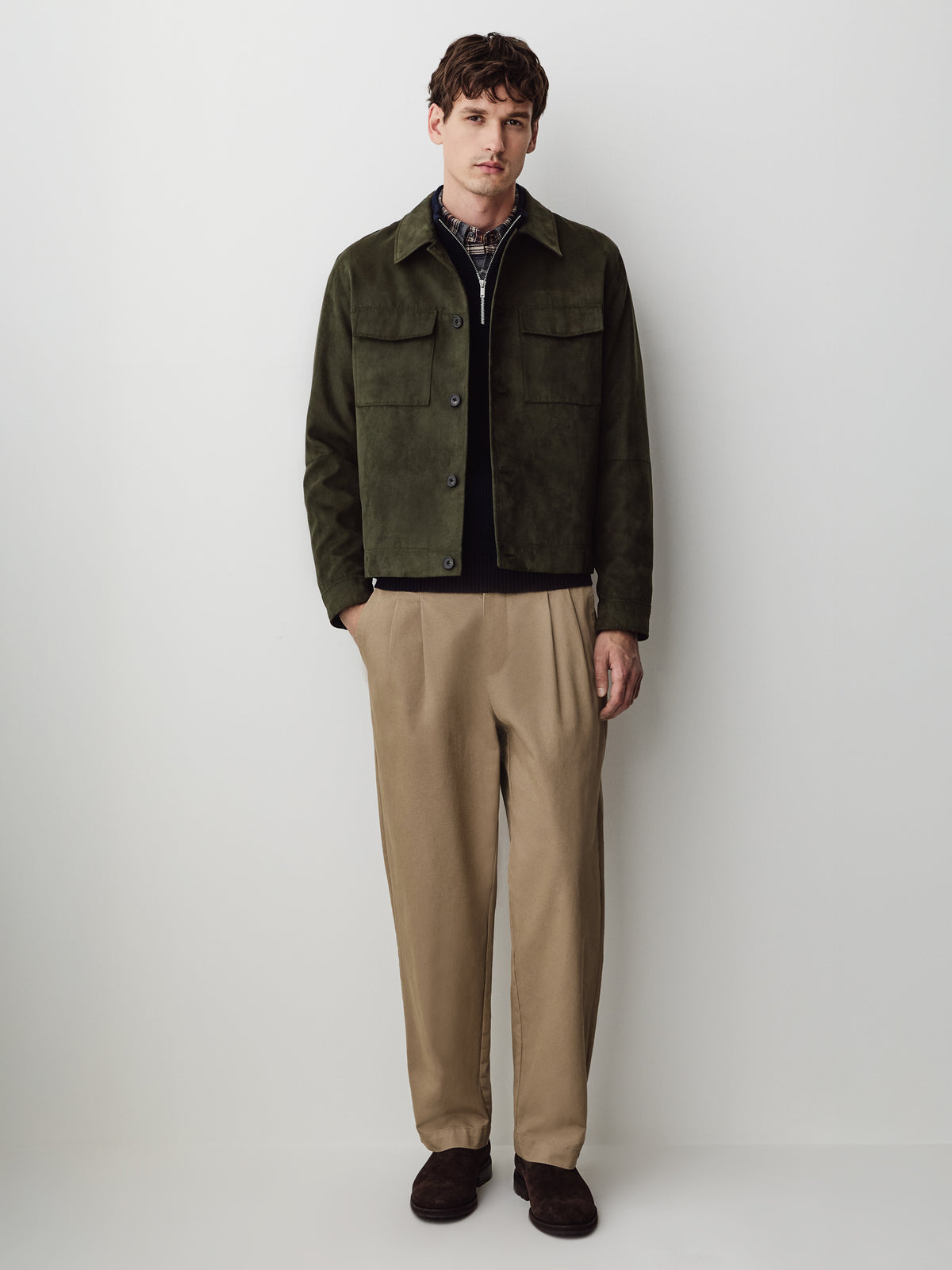 Faux Suede Jacket with Shirt Collar