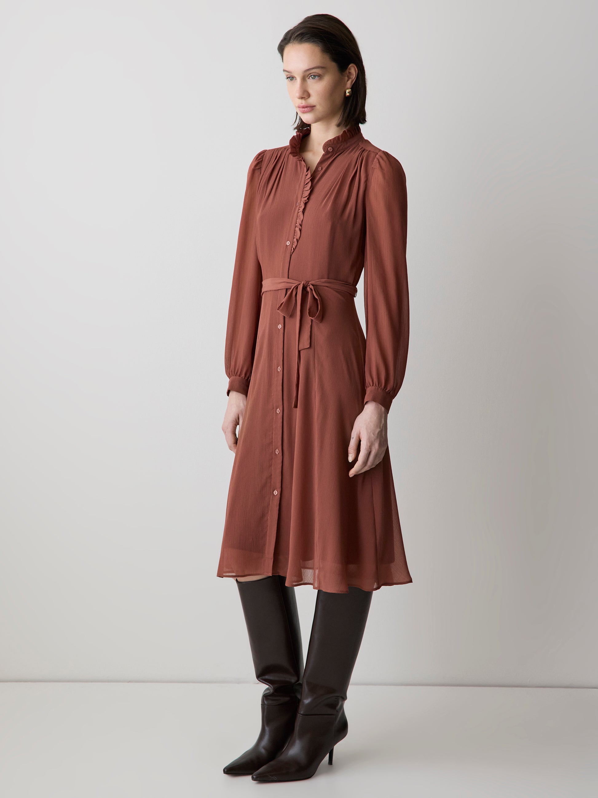 Long-Sleeve Mock-Neck Buttoned-Down Midi Dress