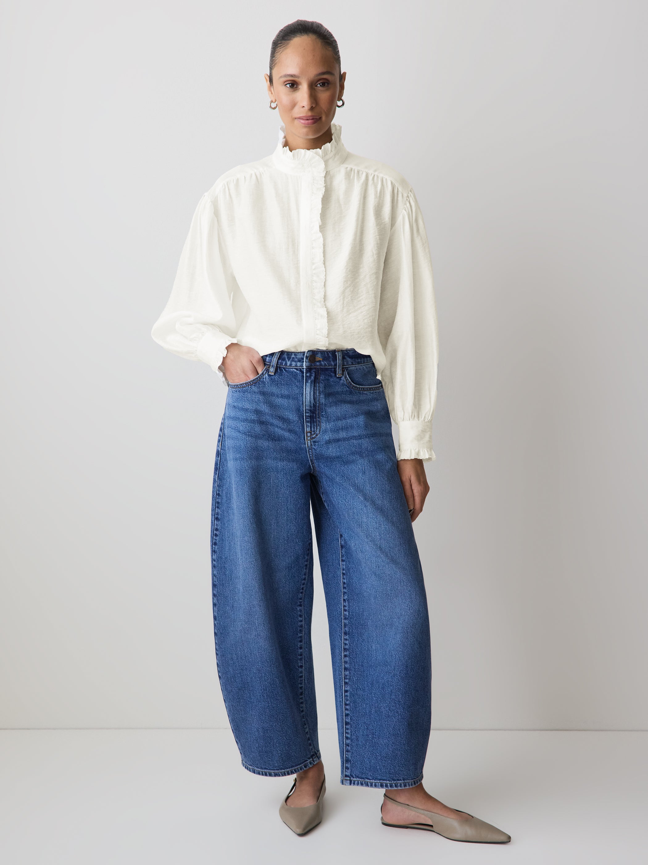 Blouse à Volants à Manches Longues et Col Rond