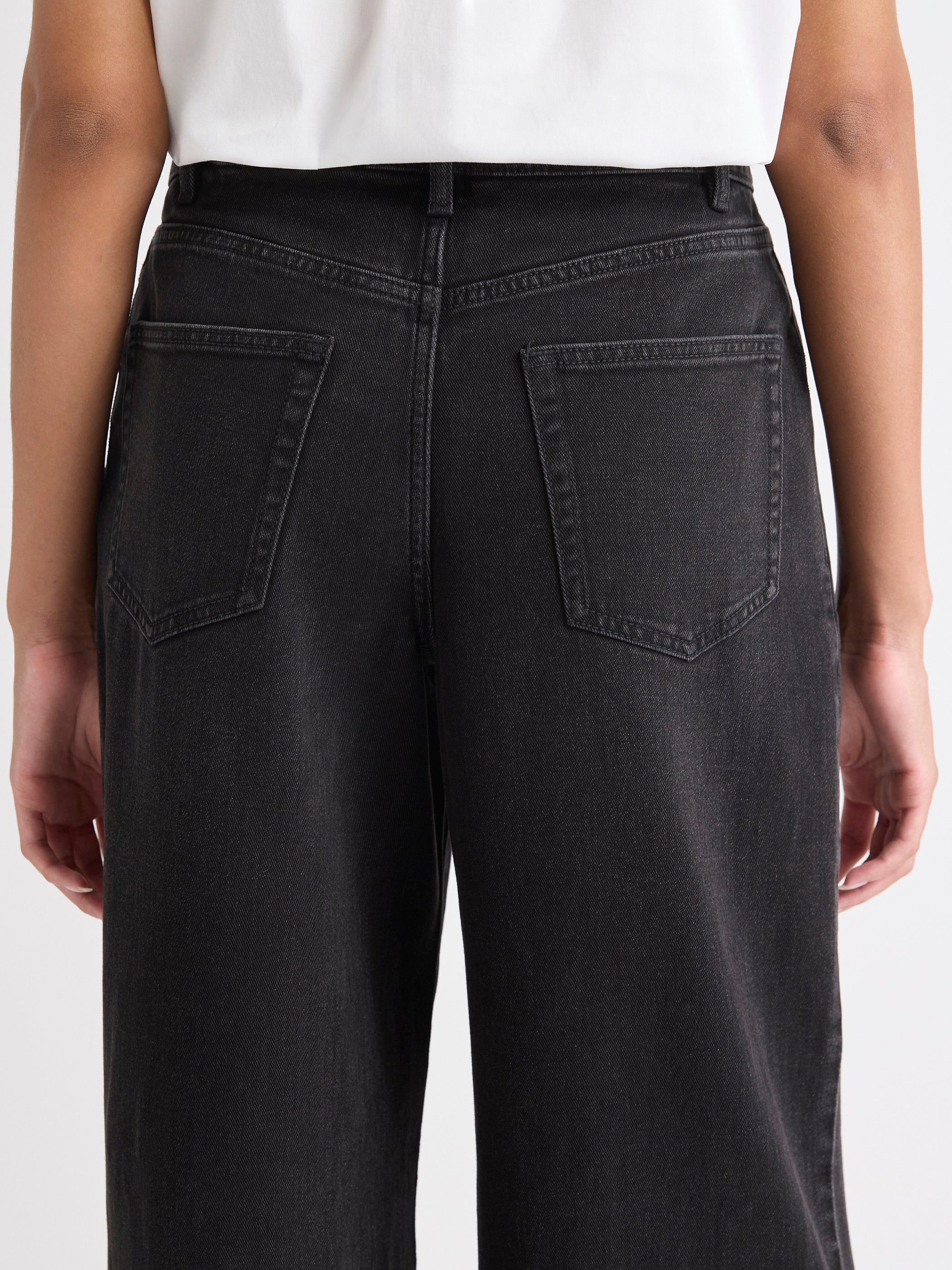 Jeans Gris Foncé à Taille Mi-Haute et Jambe Large