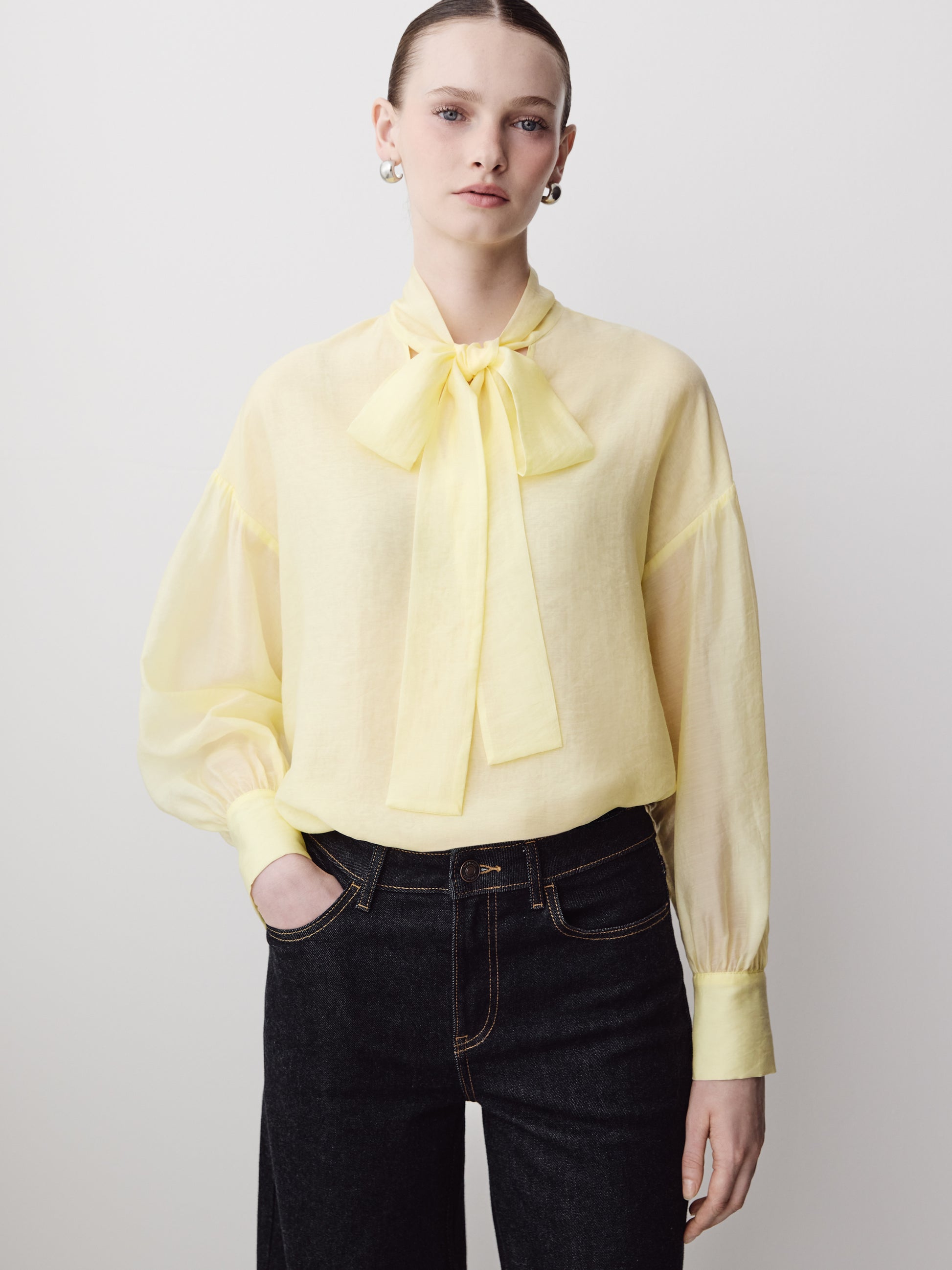 Woven Lyocell Blend Tie Sleeve Blouse