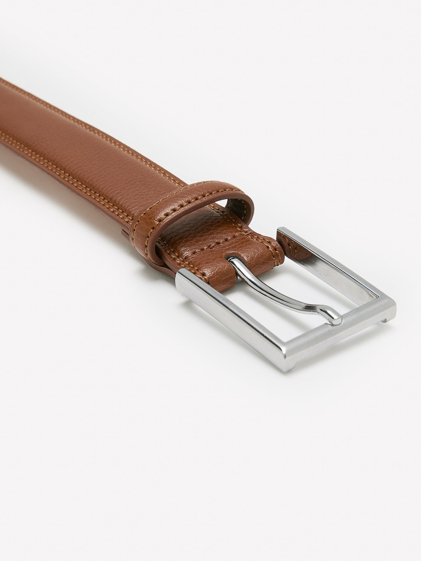 Double-Stitched Leather Belt with Square Buckle