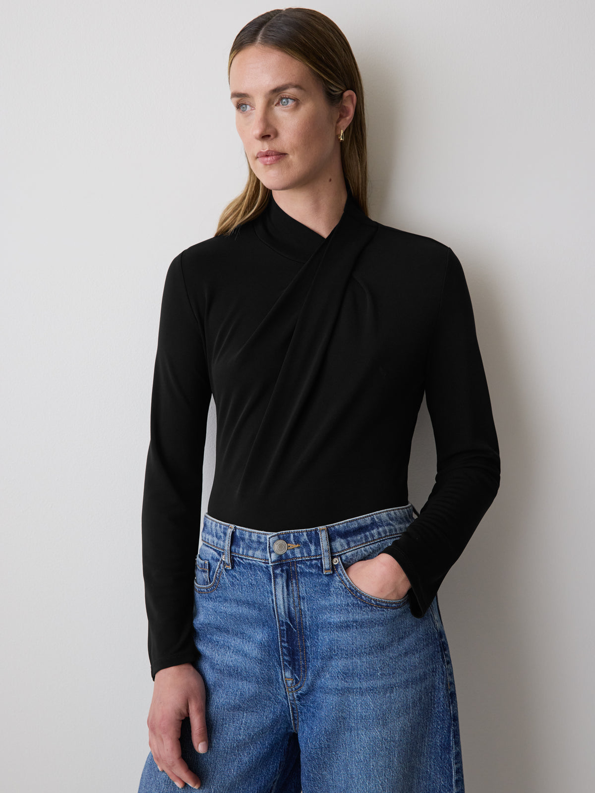 Long-Sleeve Top with Crossover Draped Mock Neckline | RW&CO