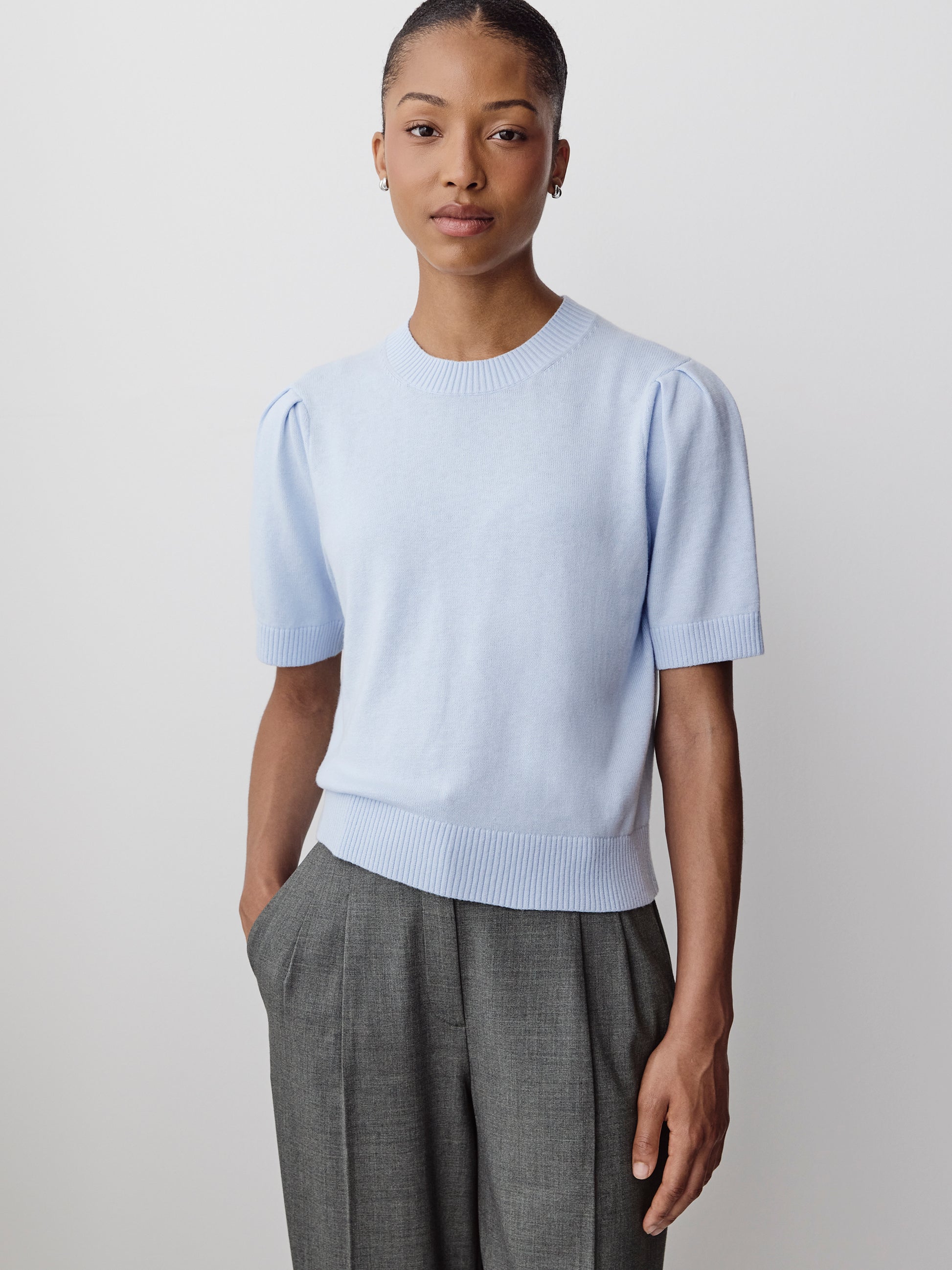 Knit Cotton Blend Crew Neck Sweater