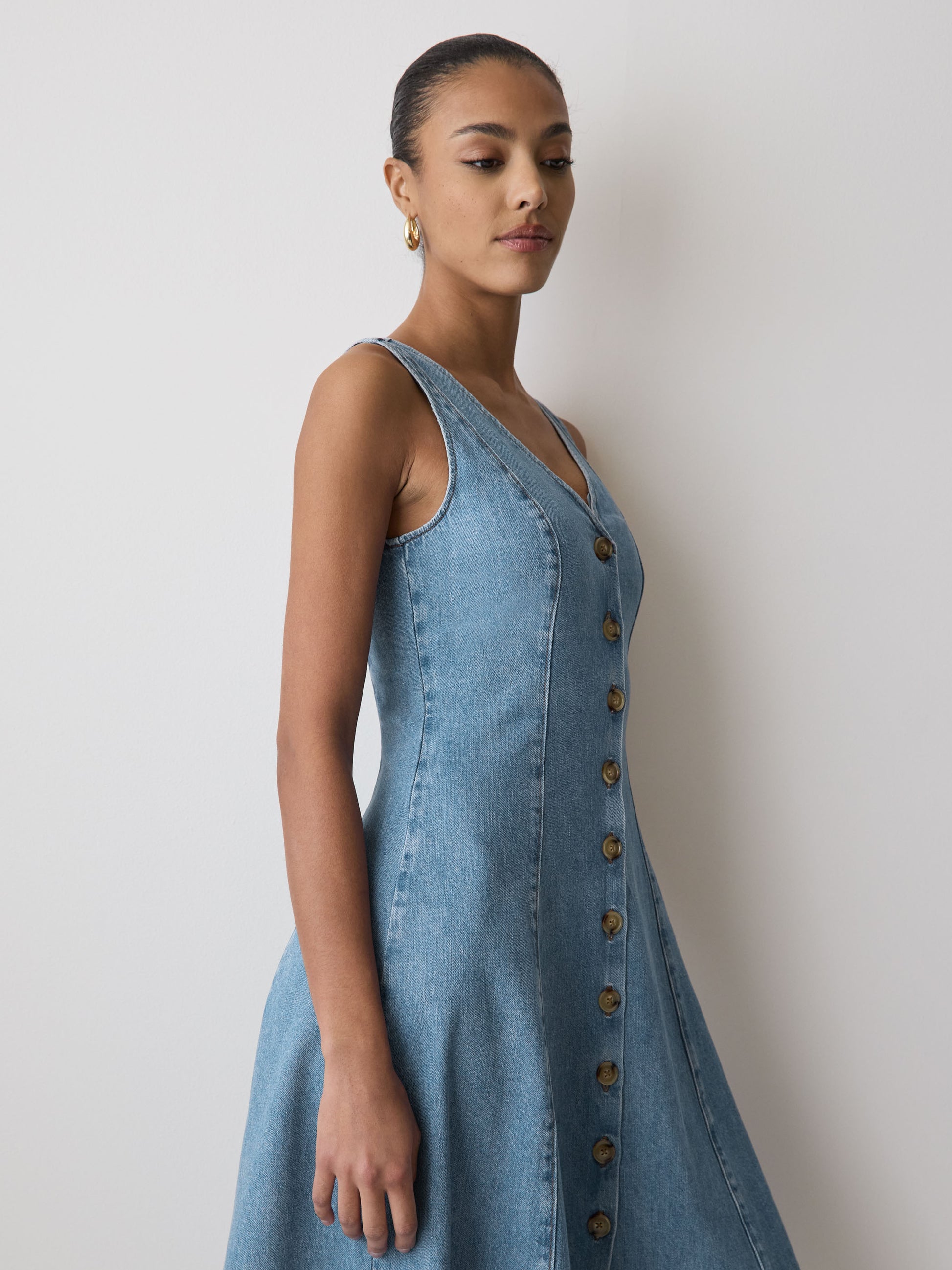 Denim Sleeveless V-Neck Midi Dress