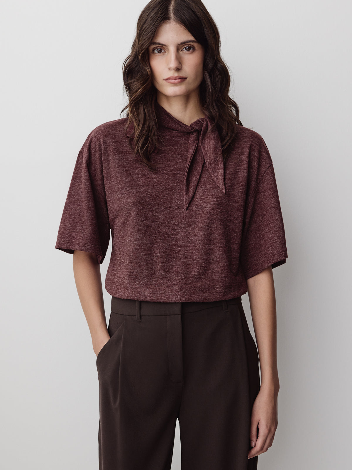 Knit Pullover Top with Warm Hand Scarf Detail