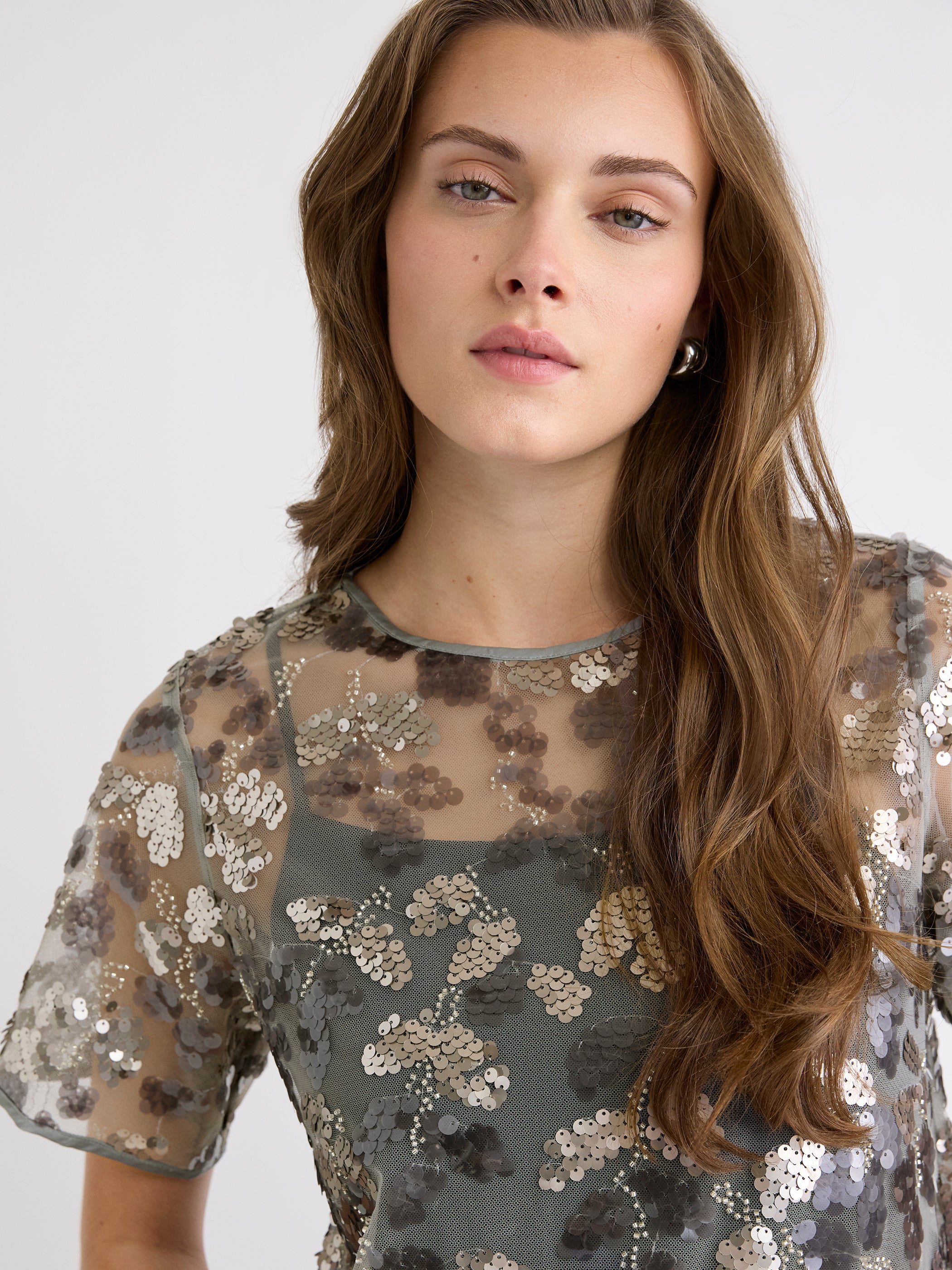 Blouse Popover à Paillettes à Col Rond et Manches Courtes