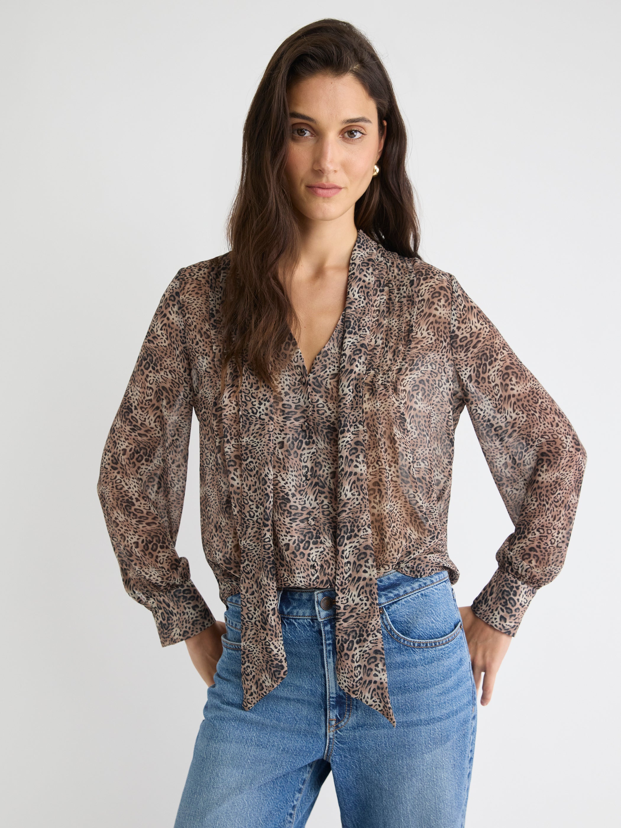 Long-Sleeve V-Neck Blouse with Ribbon at Neckline