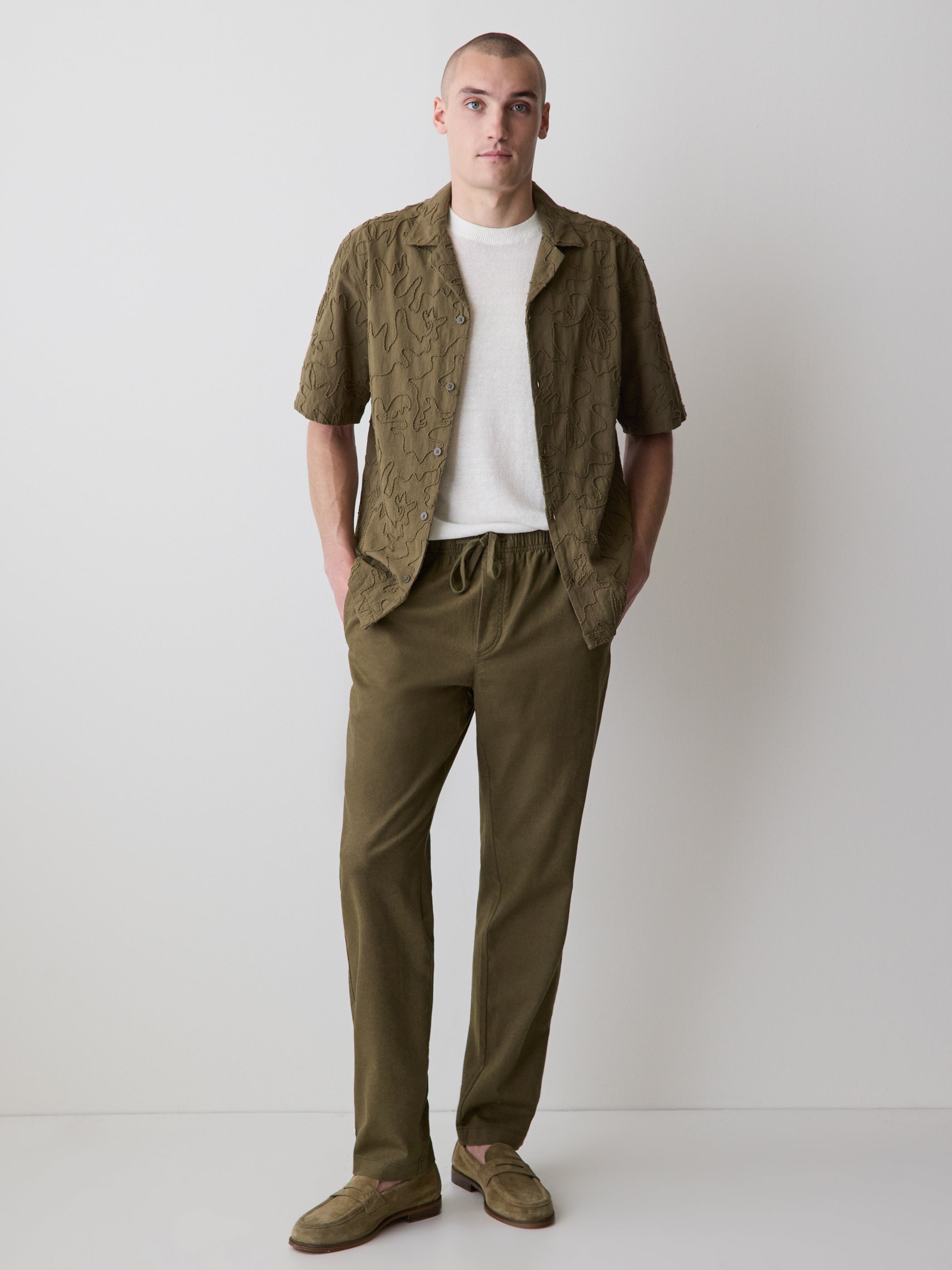 Linen-Blend Pants with Elastic Waistband and Drawstring