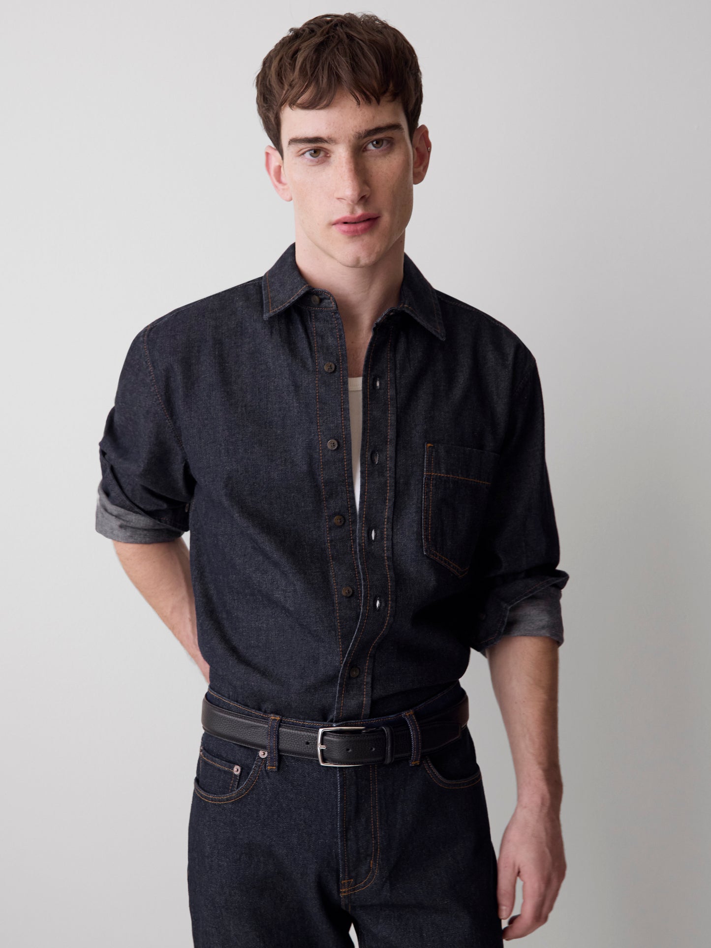 Long-Sleeve Raw Denim Shirt with Chest Pocket