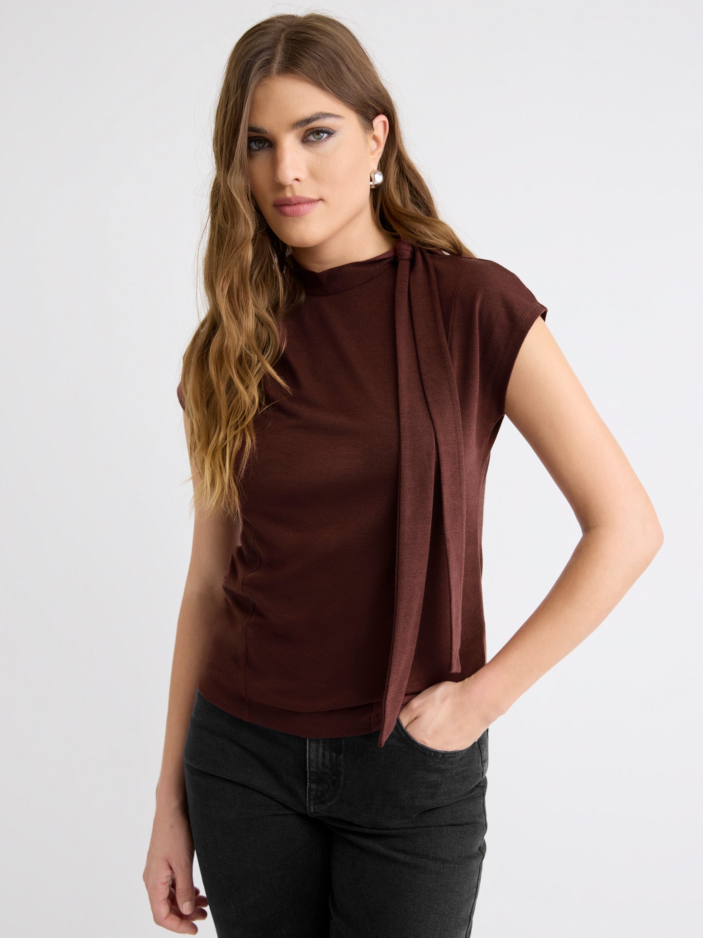 Extended-Sleeve Mock-Neck Top with Tie