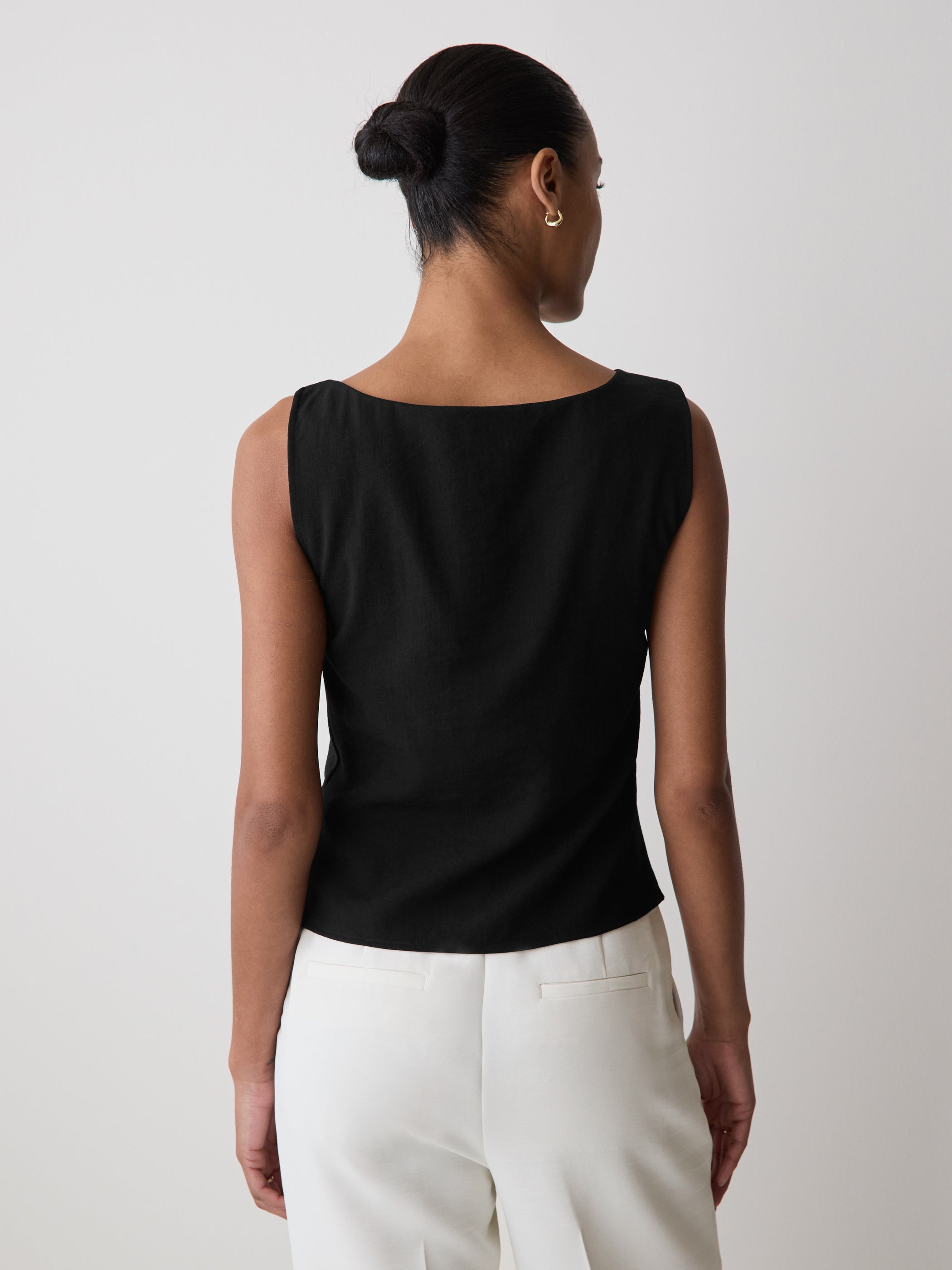 Woven Linen Blend Shell Blouse with Shoulder Twist