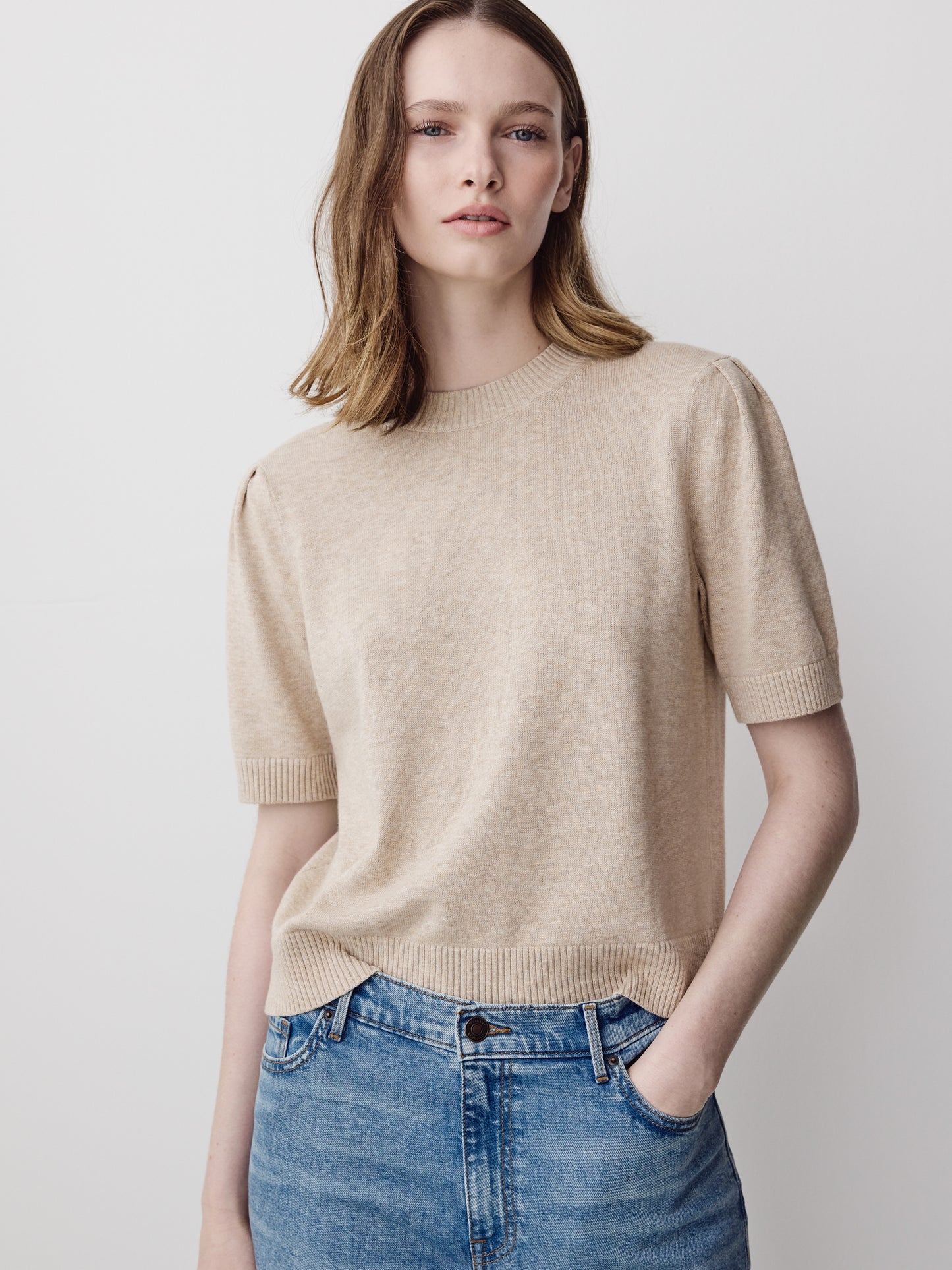 Knit Cotton Blend Crew Neck Sweater