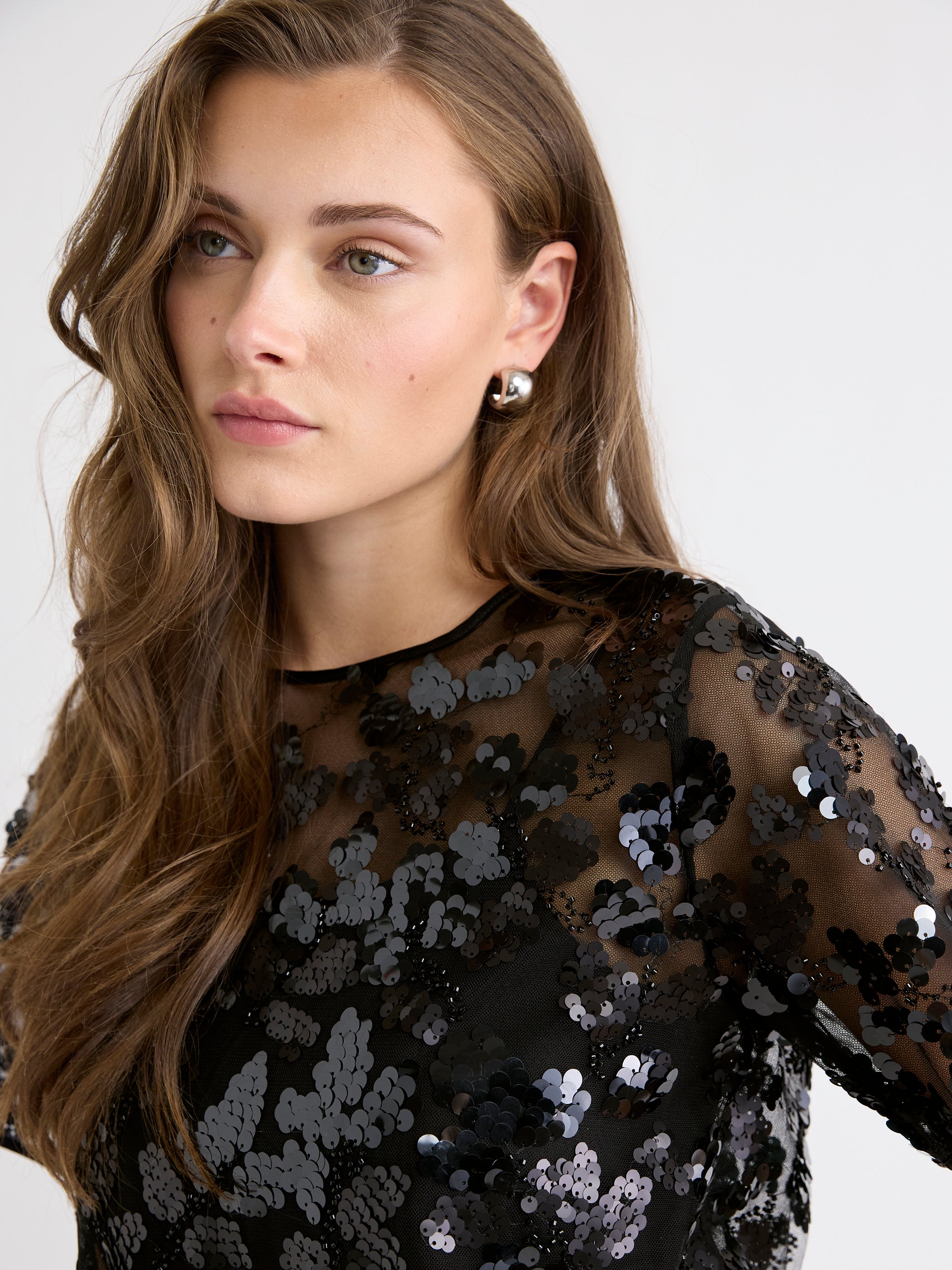 Blouse Popover à Paillettes à Col Rond et Manches Courtes