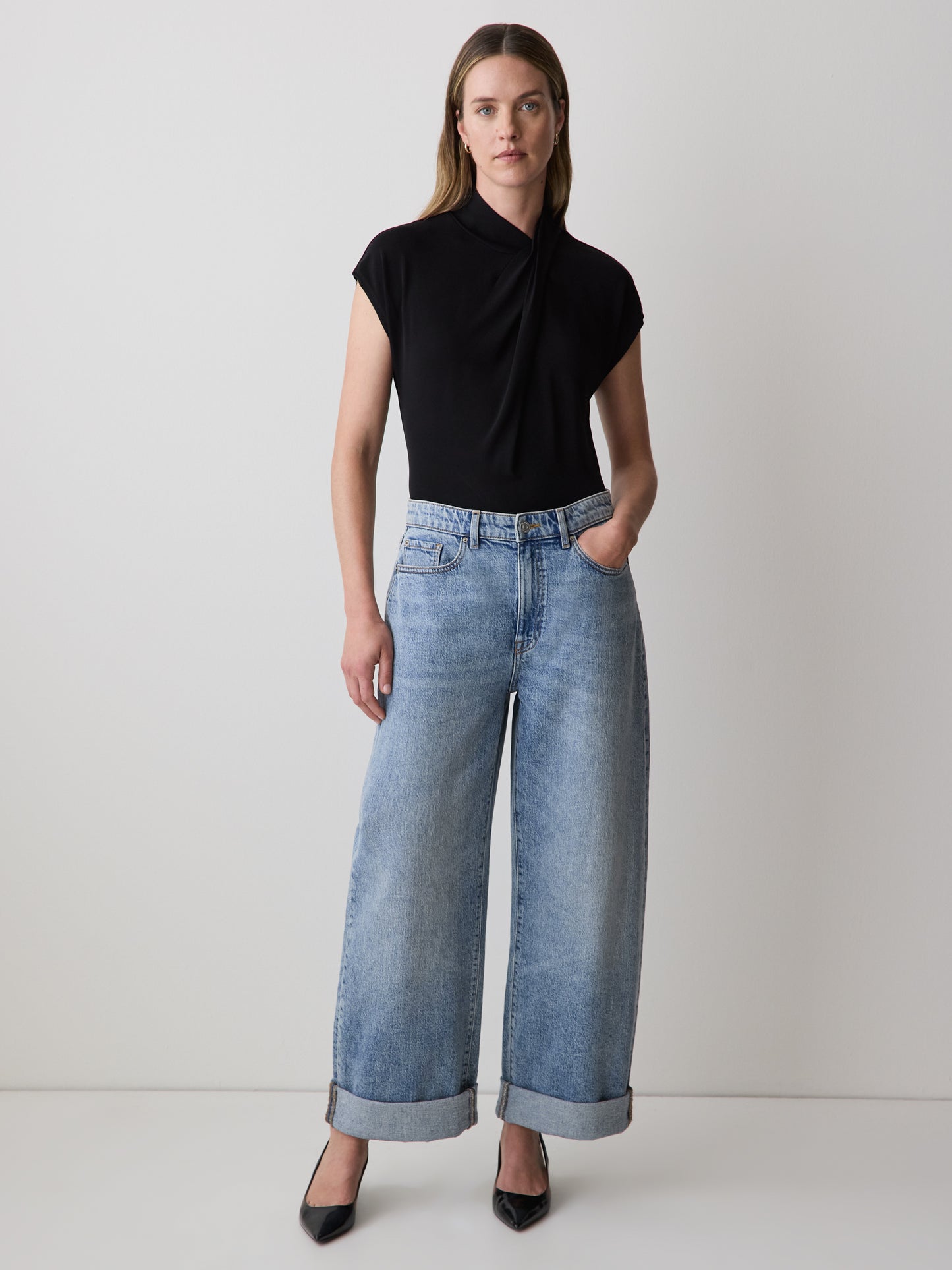 Extended-Sleeve Top with Crossover Draped Mock Neckline