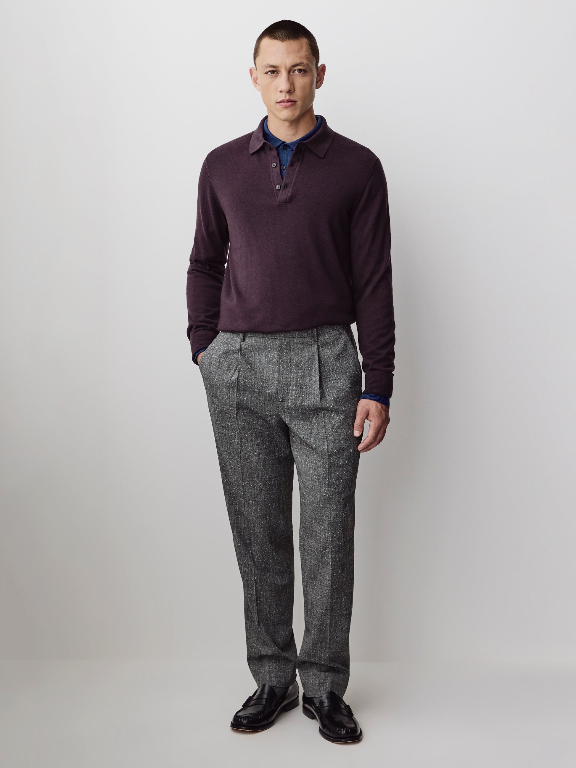 Merino Wool Knit Polo Sweater Long Sleeve