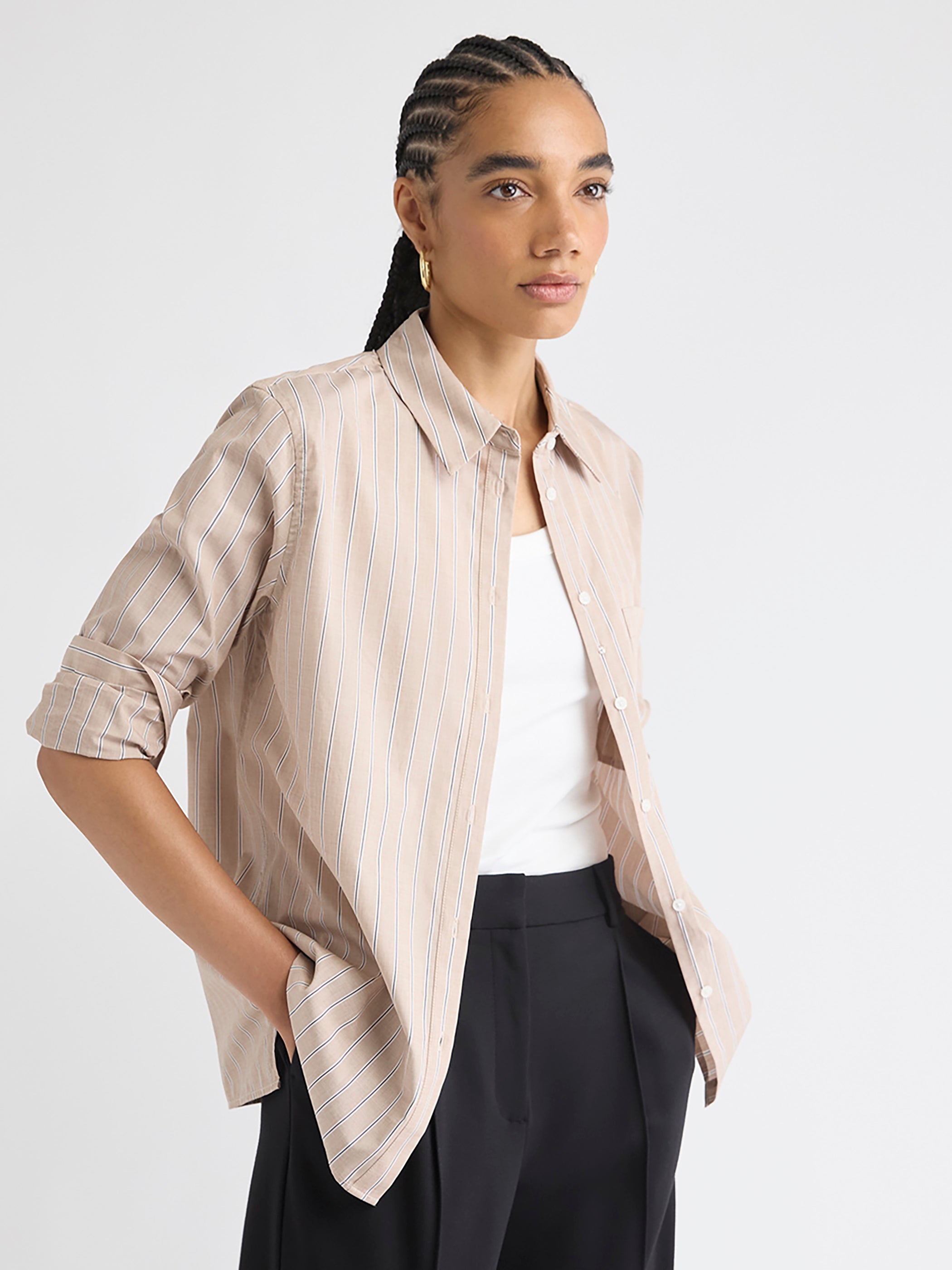 Blouse Boutonnée en Popeline Rayée à Manches Longues