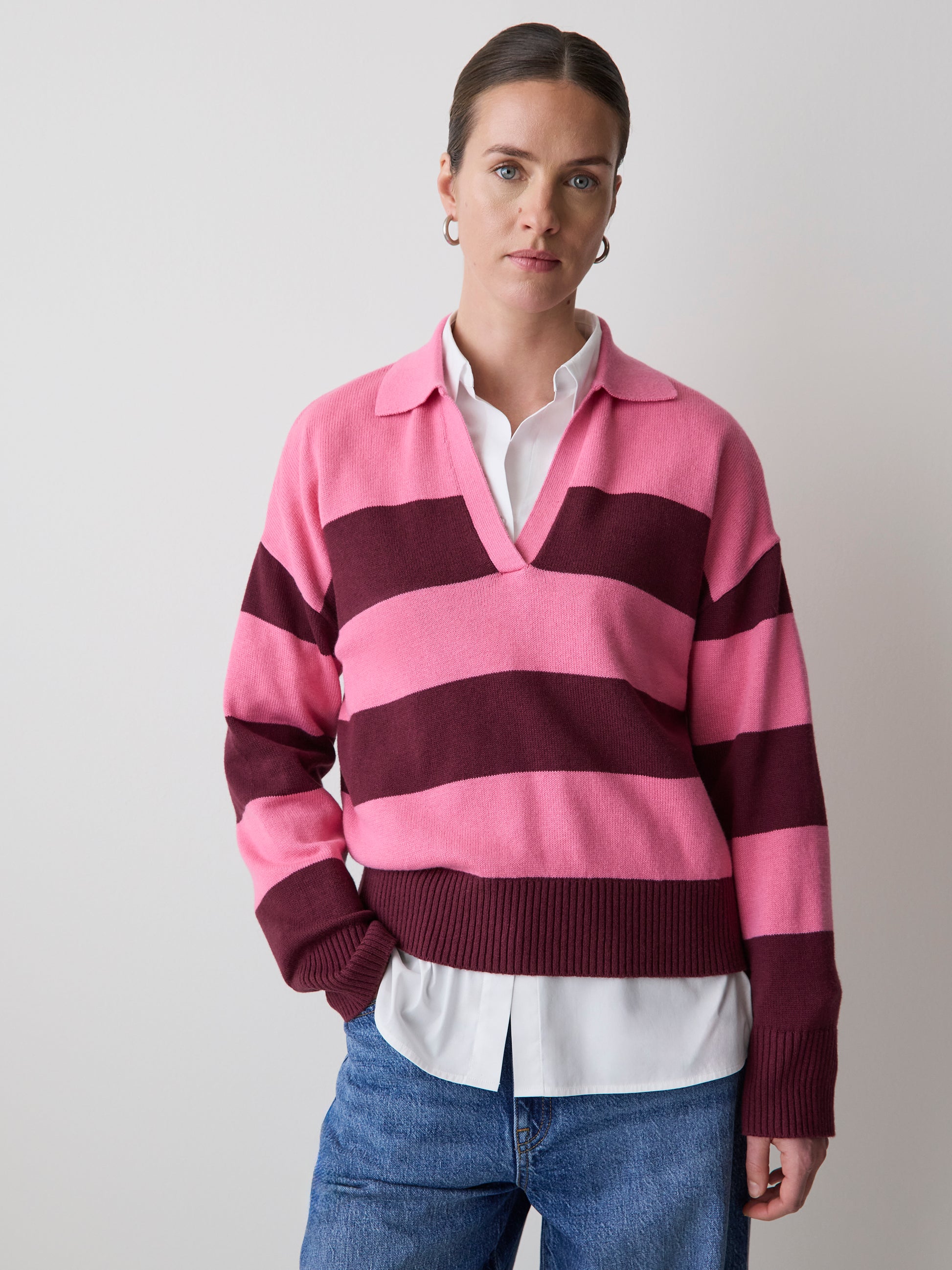Cotton-Merino-Blend V-Neck Rugby Polo Sweater