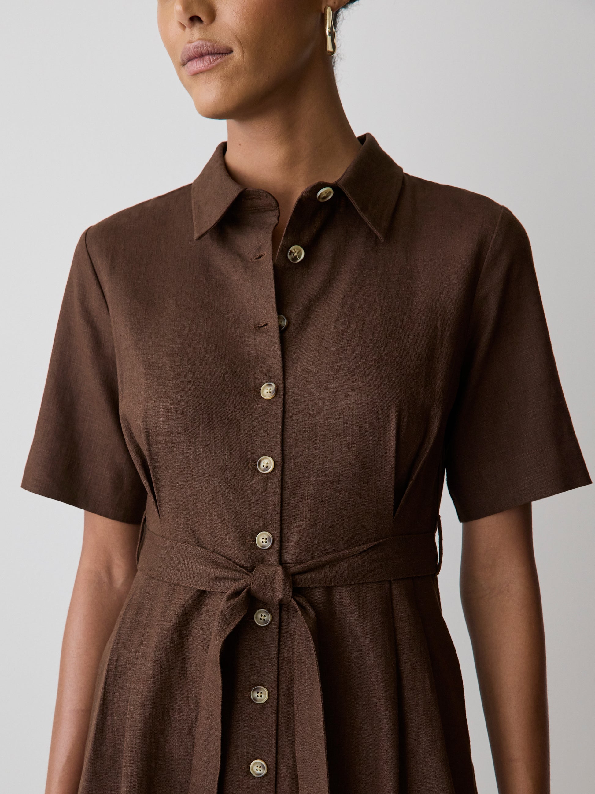 Short-Sleeve Linen-Blend Midi Dress with Shirt Collar