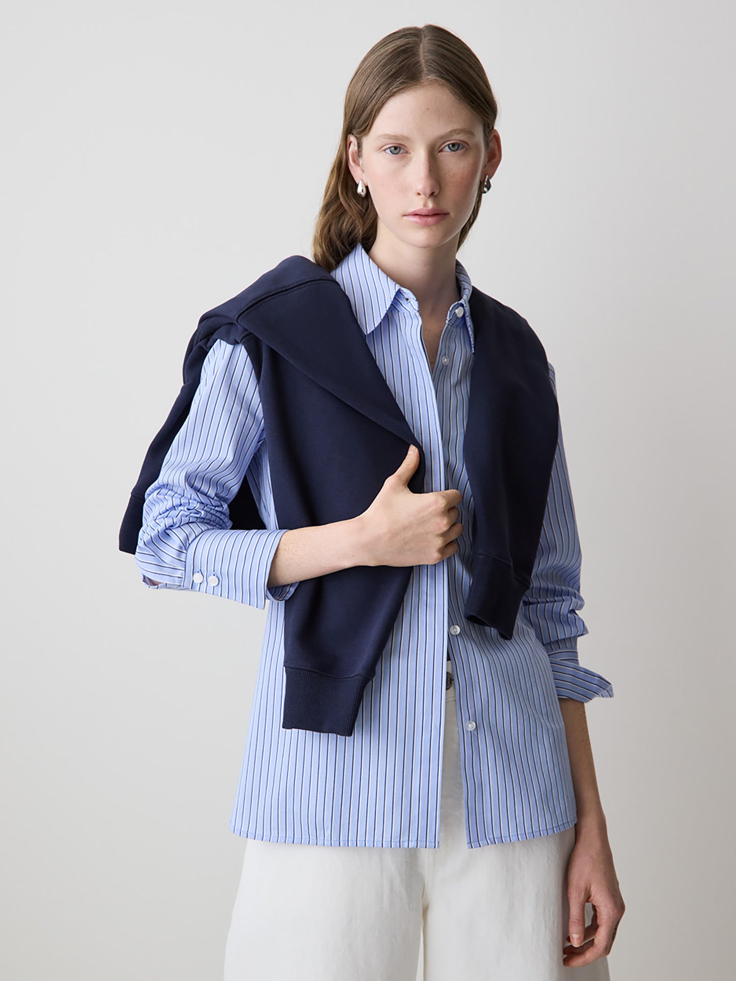 Blouse Ajustée en Popeline Rayée à Manches Longues