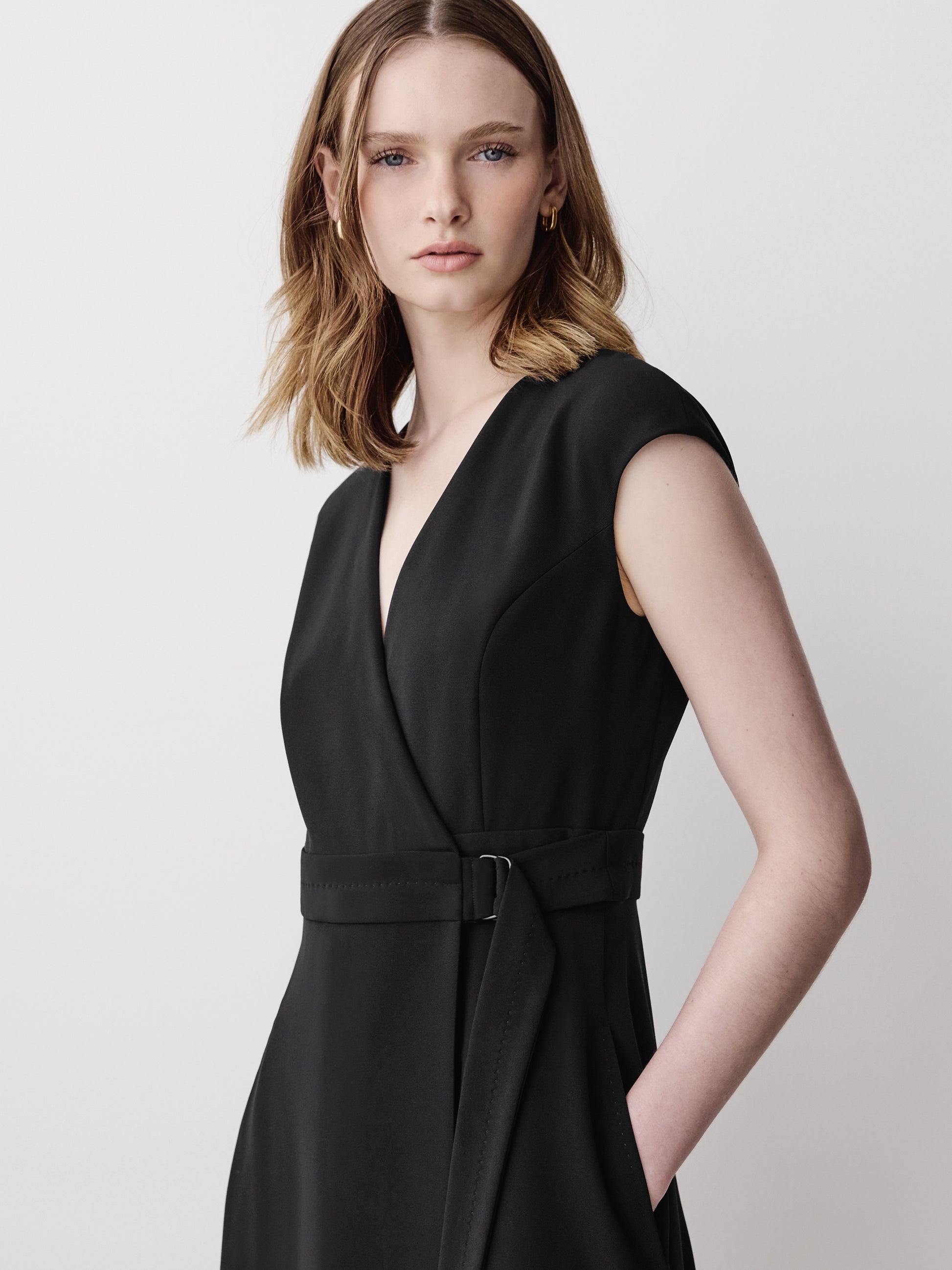 Extended-Sleeve V-Neck Wrap Midi Dress
