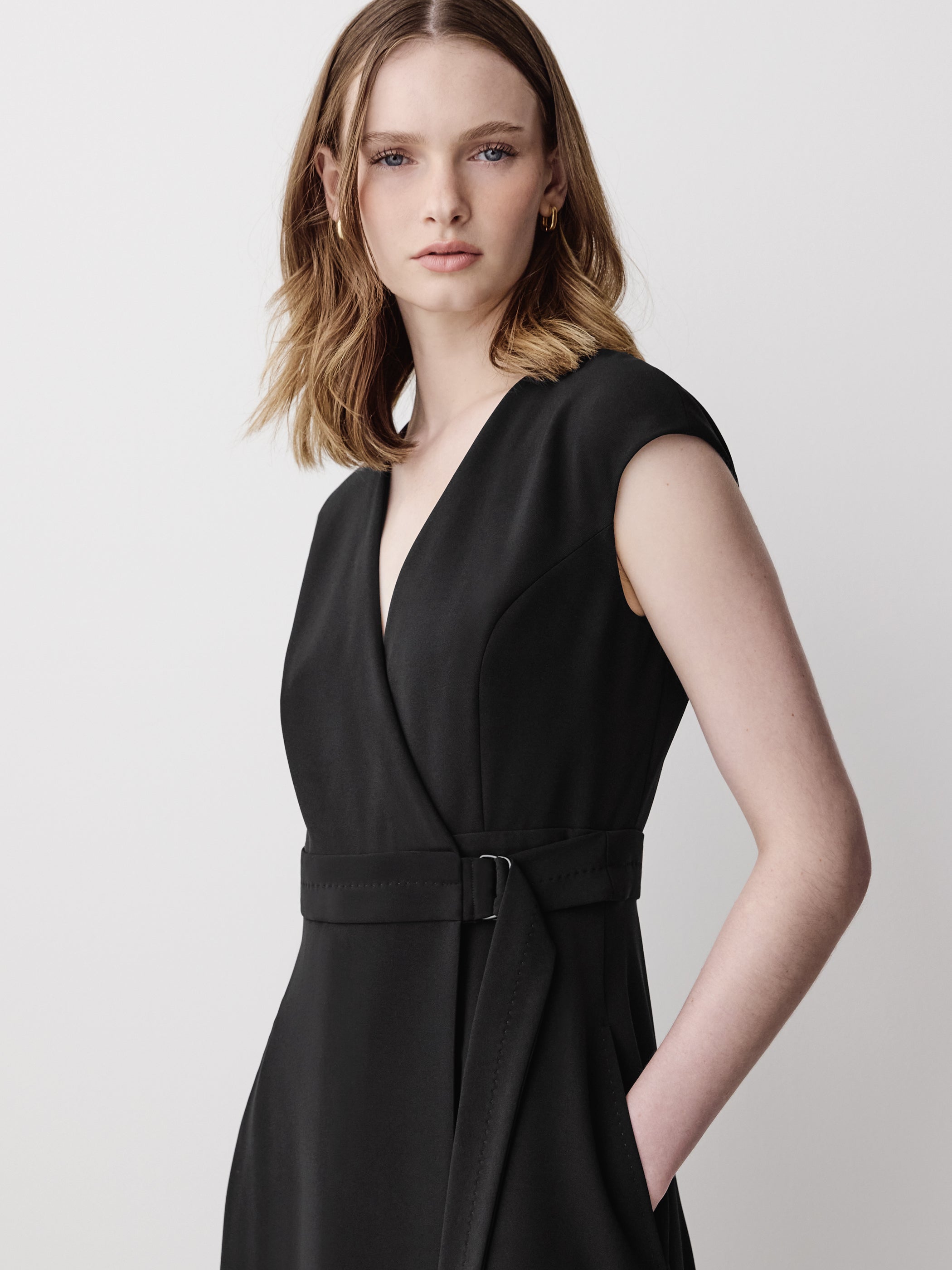 Extended-Sleeve V-Neck Wrap Midi Dress