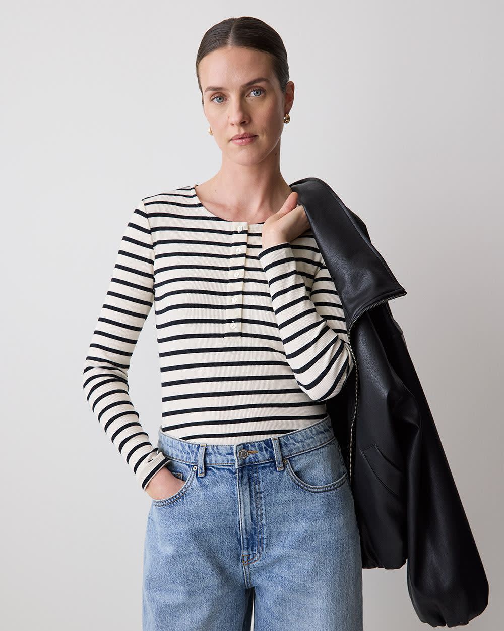 Long-Sleeve Henley Ribbed Top