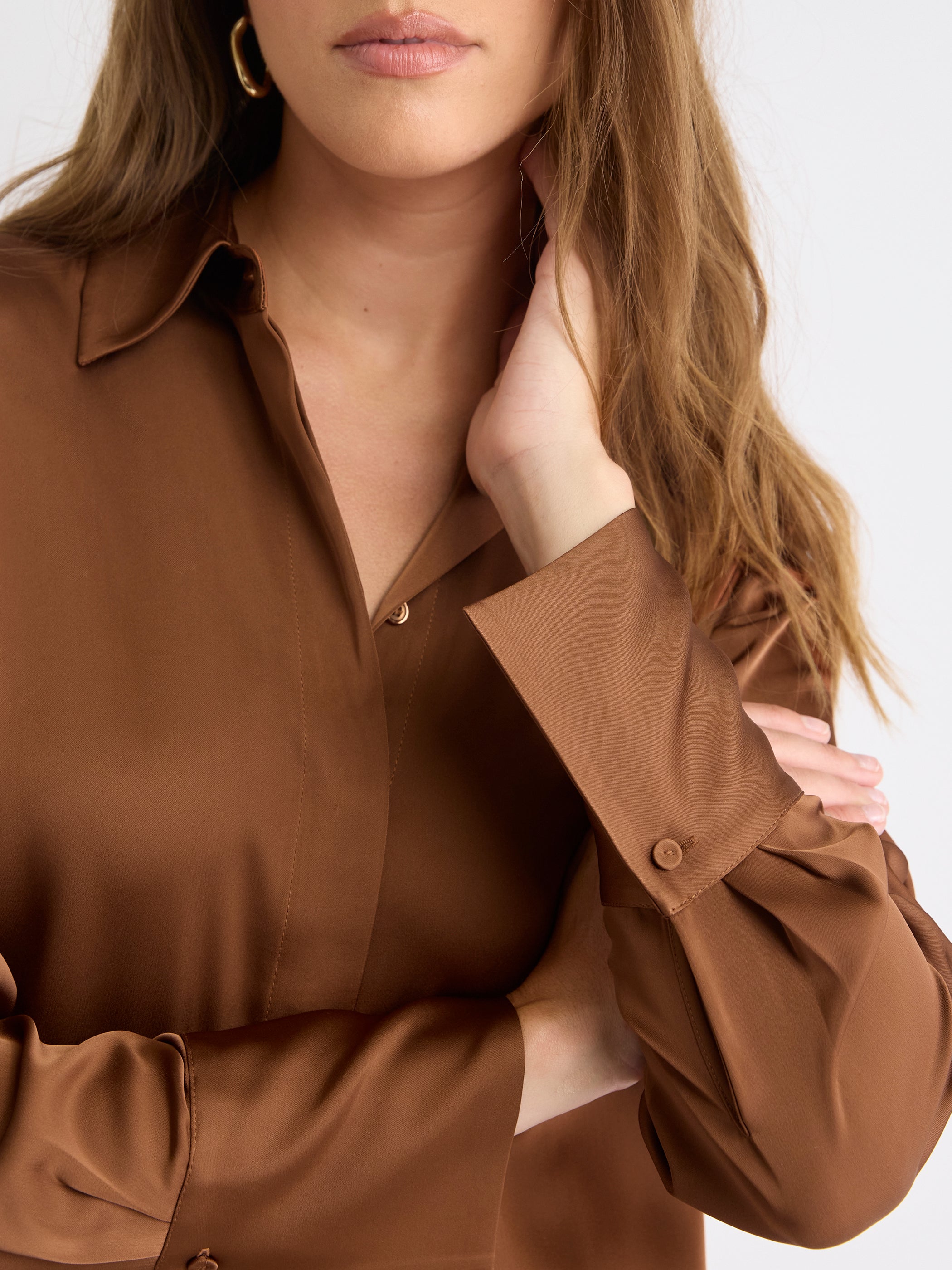 Blouse Boutonnée en Satin à Manches Longues