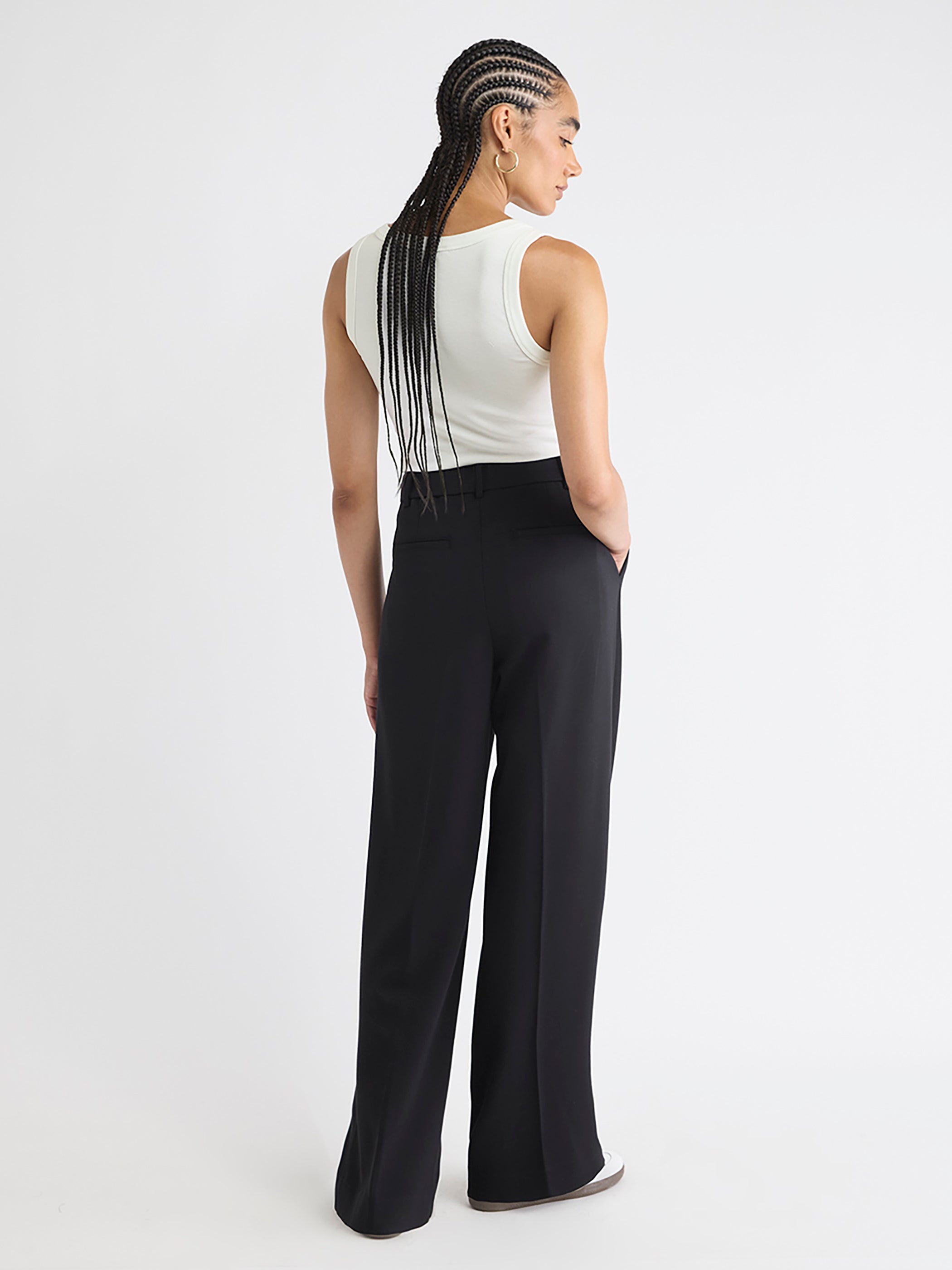 Pantalon en Tricot Noir à Taille Haute et Jambe Large