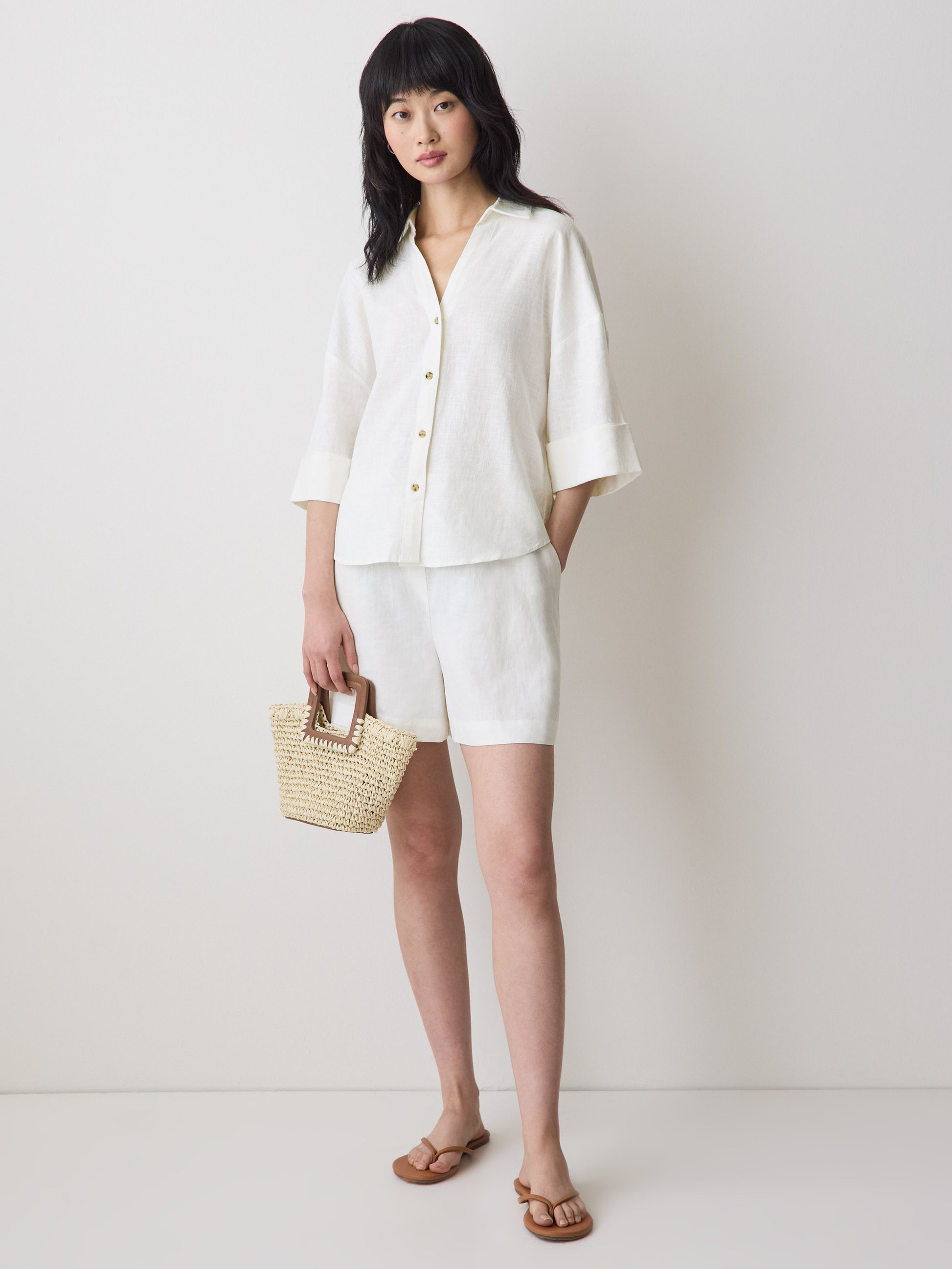 Linen-Blend Short-Sleeve Blouse with Shirt Collar
